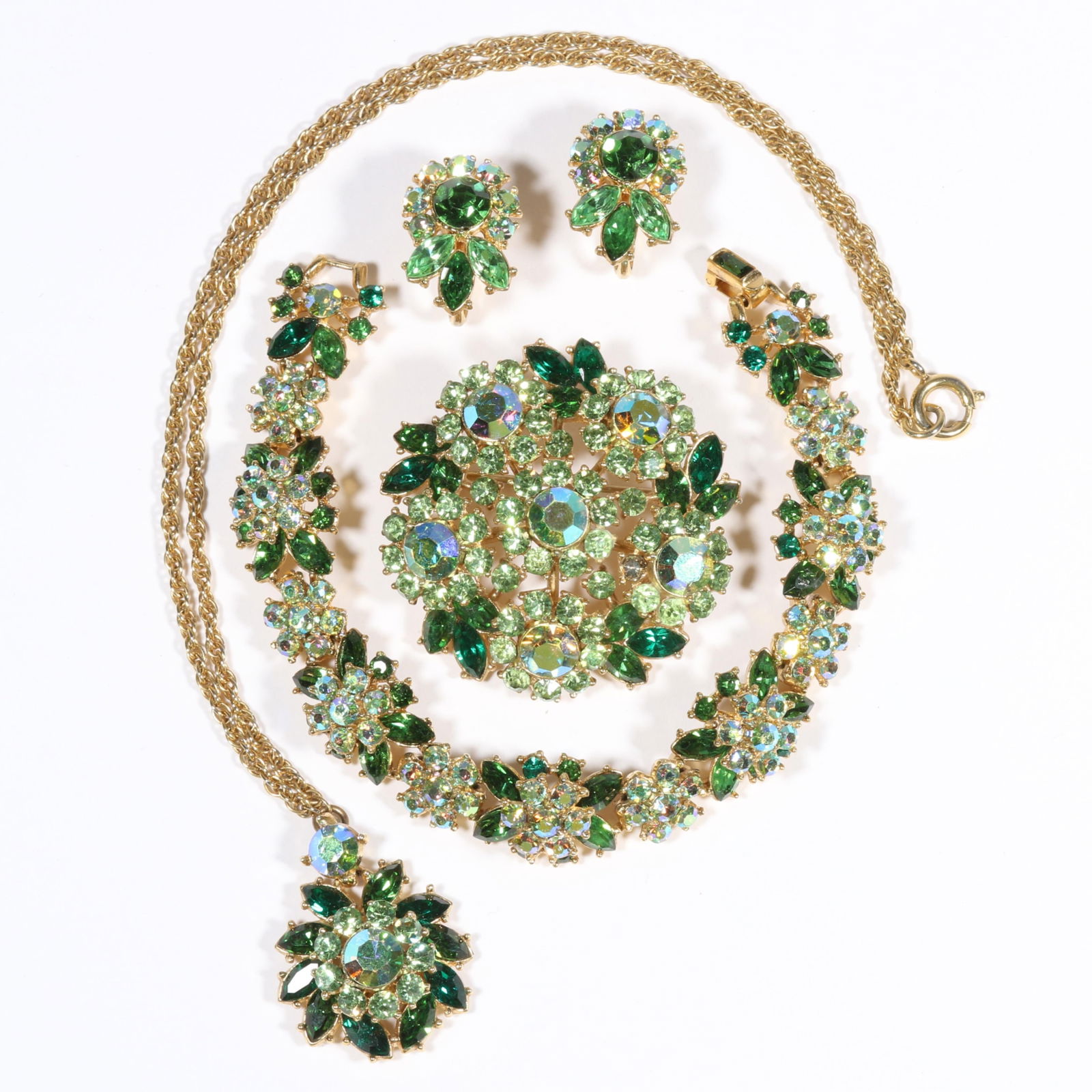 Crown Trifari shades of green floral pattern rhinestone crystal parure: necklace, bracelet, brooch, (1 of 13)
