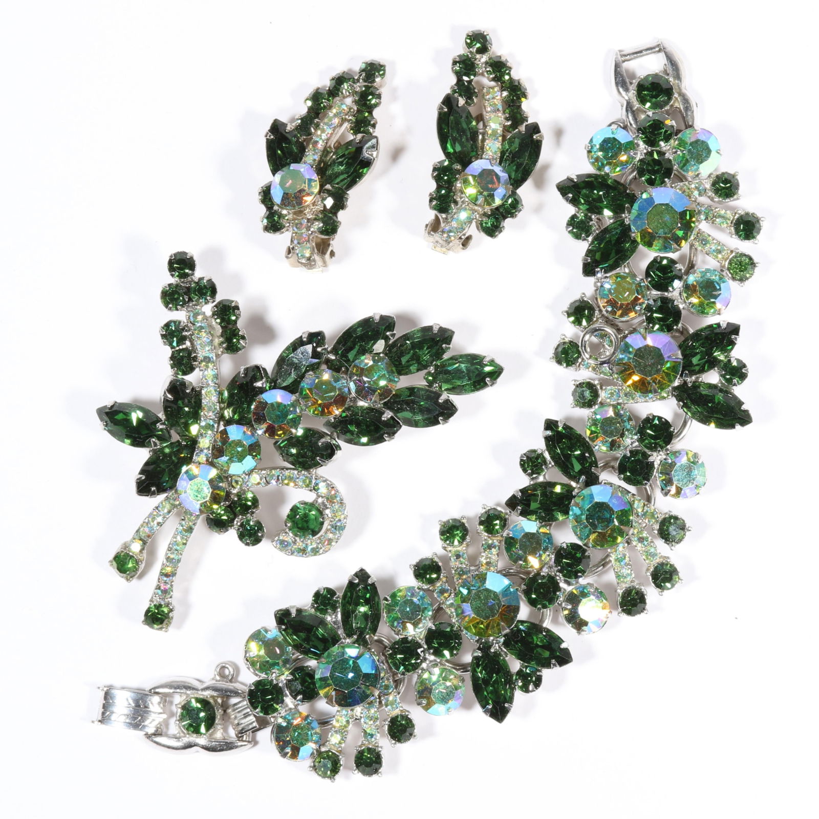 DeLizza & Elster Juliana Retro design green and aurora borealis rhinestone crystal parure: bracelet, (1 of 11)