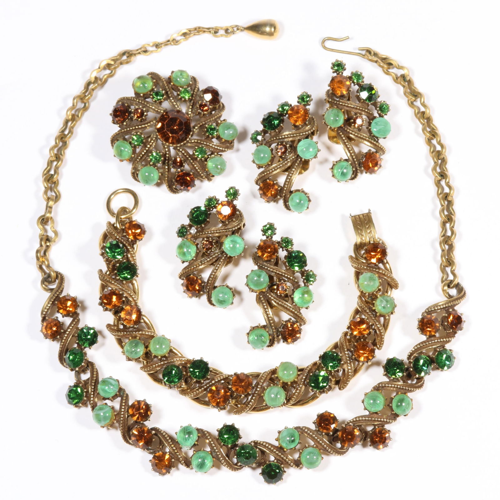 Florenza art glass and rhinestone crystal parure: necklace, bracelet, brooch, and two pairs of (1 of 11)