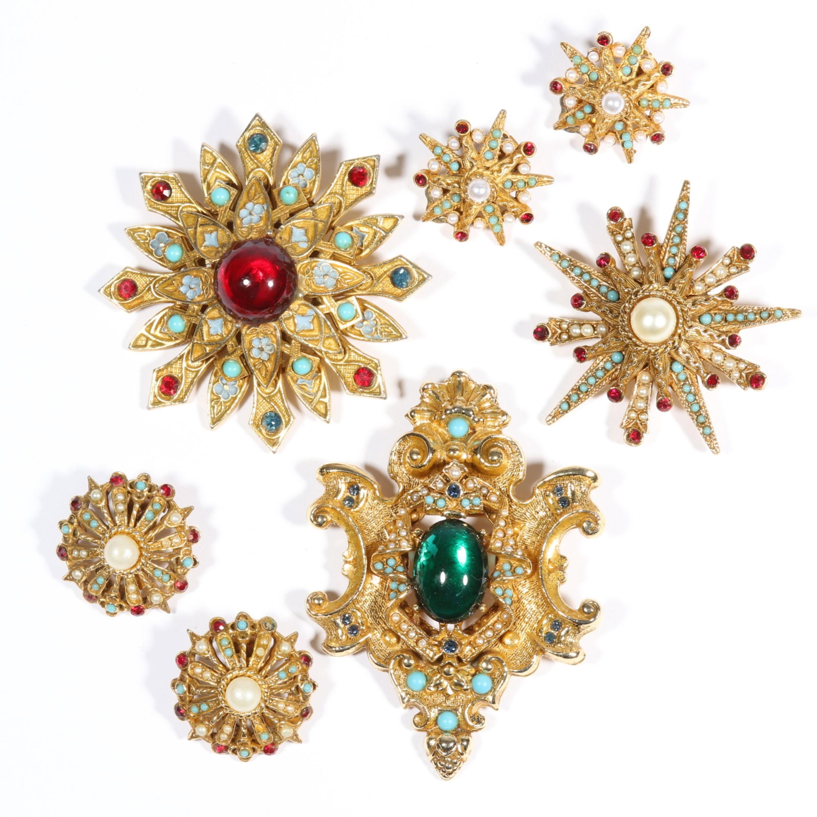 ART Renaissance Revival brooches and earrings with rhinestone crystal and seed pearl accents. 2: ART Renaissance Revival brooches and earrings with rhinestone crystal and seed pearl accents.2 3/4"H x 2"W (largest brooch)