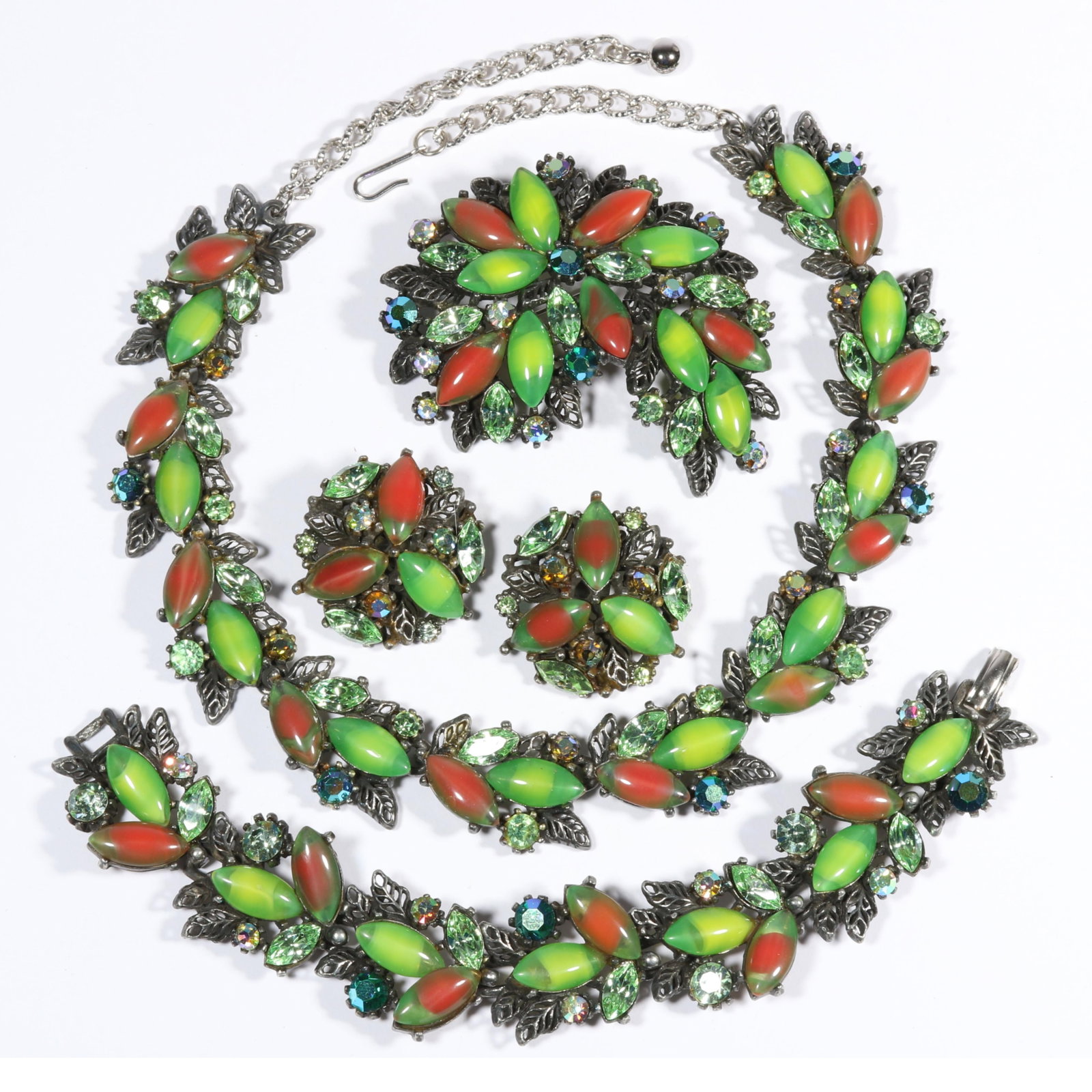 ART rhinestone crystal and art glass parure: necklace, bracelet, brooch, and earrings. 7"L x 7/8"W: ART rhinestone crystal and art glass parure: necklace, bracelet, brooch, and earrings.7"L x 7/8"W (bracelet)