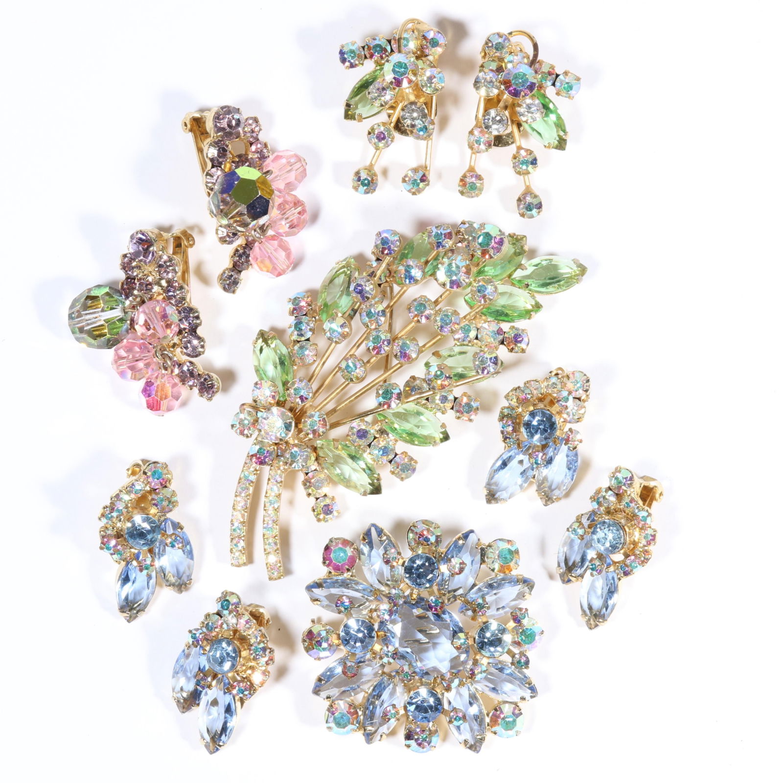 D & E Juliana spring colored aurora borealis rhinestone crystal jewelry group. 3 3/4"H x 1 1/2"W (1 of 10)