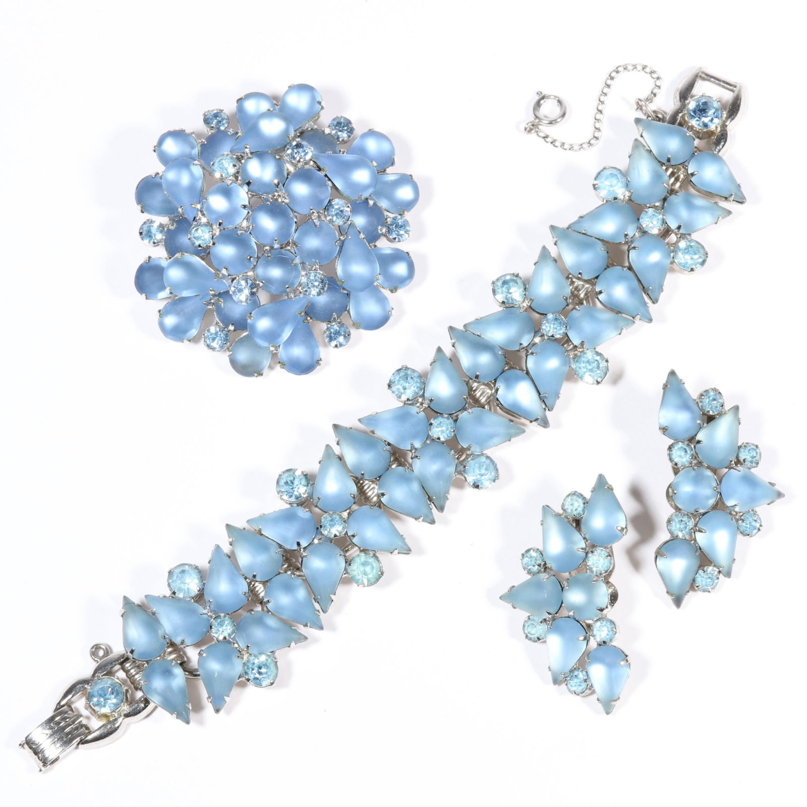 DeLizza & Elster Juliana light blue moonglow cabochon and rhinestone crystal parure: Bracelet, (1 of 9)