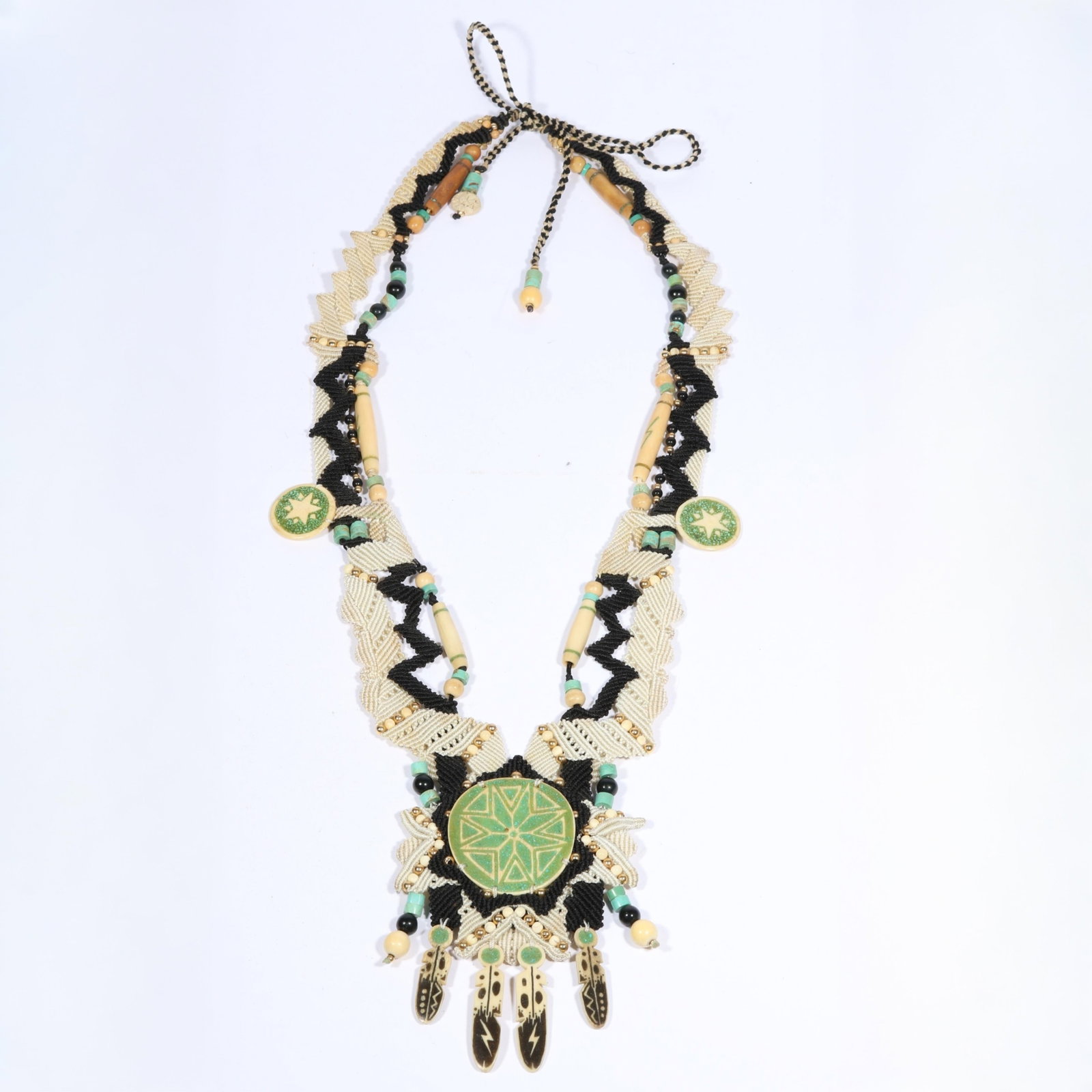 Barbara Natoli Witt woven Native American style necklace decorated with turquoise inlay buffalo horn: Barbara Natoli Witt woven Native American style necklace decorated with turquoise inlay buffalo horn from the Great Plains Native Americans Lakota tribe with morning star center and drop feather charm