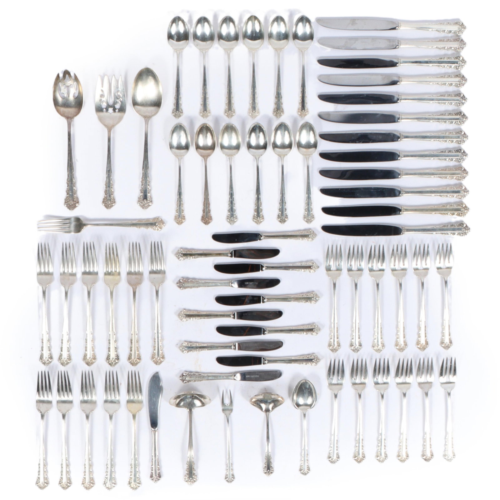 Lunt sterling silver Belle Meade pattern flatware dinner service for 12, 66pc 9"L (dinner knife), 7 (1 of 14)