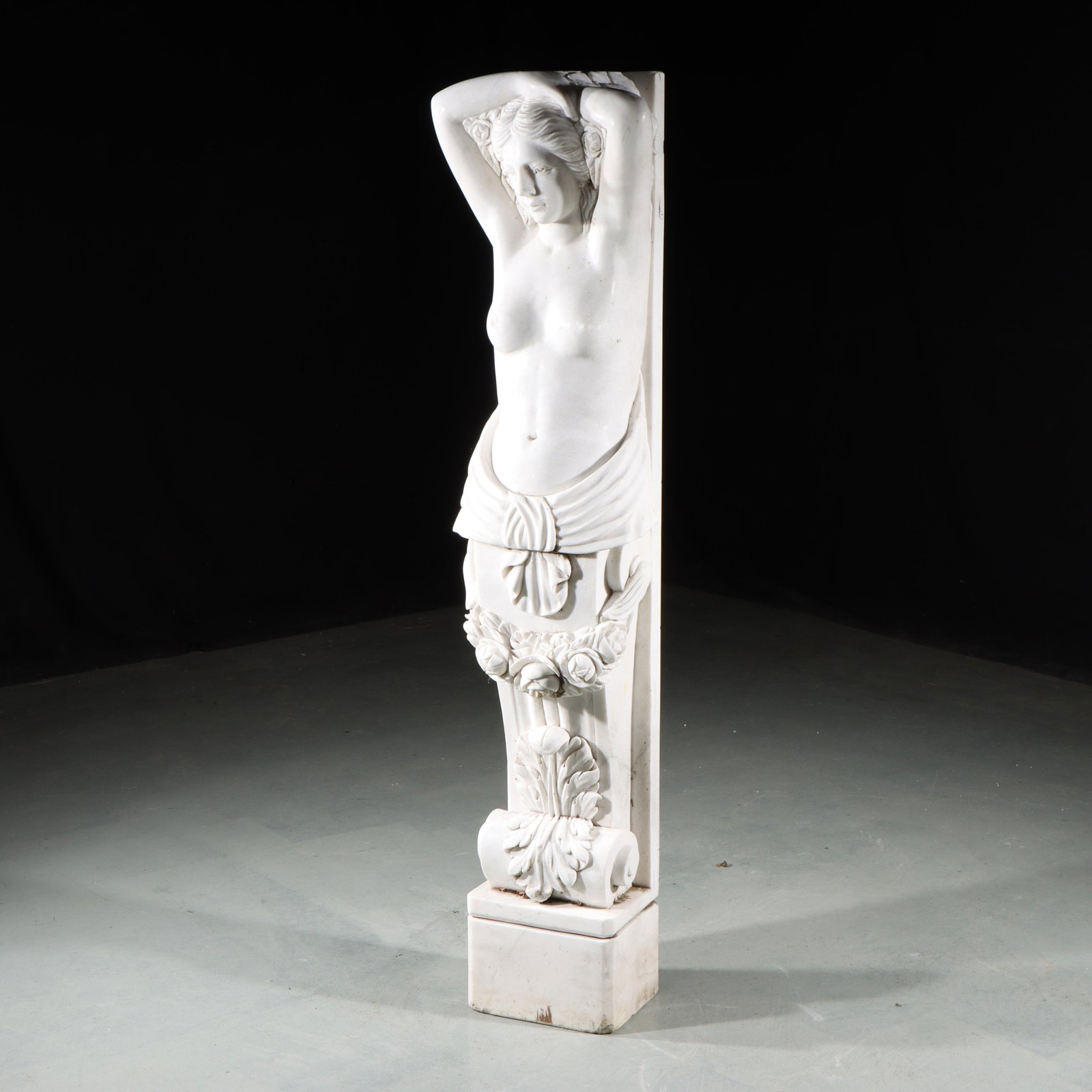 Neo-Classical carved white marble female nude caryatid support column 47 3/4"H x 12"W: Neo-Classical carved white marble female nude caryatid support column Beaux Arts Continental Victorian Belle Epoch Woman Maiden Carved Figure. 47 3/4"H x 12"W