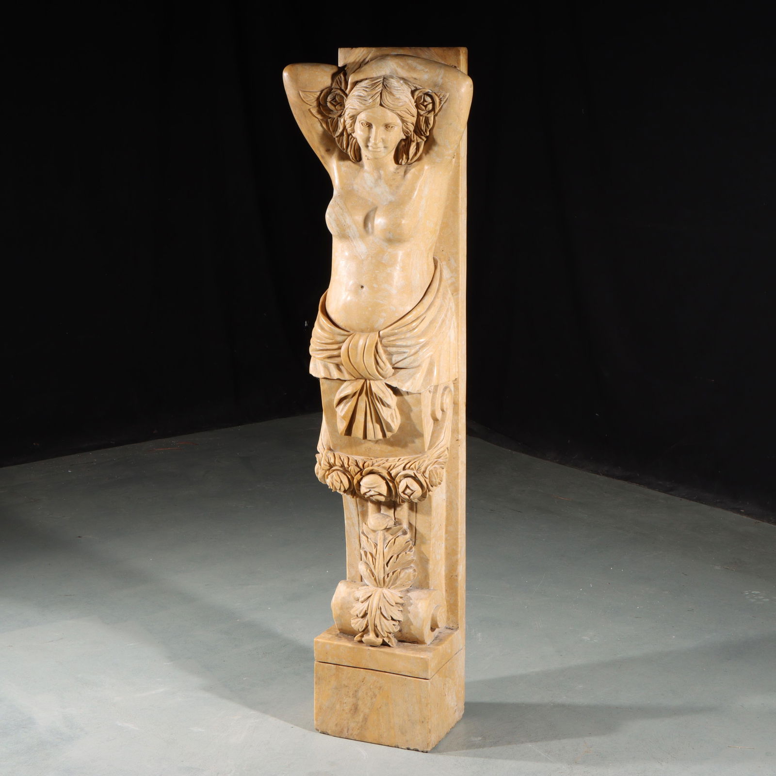 Neo-Classical carved white marble female nude caryatid support column 44 1/2"H x 11 1/2"W: Neo-Classical carved white marble female nude caryatid support column Beaux Arts Continental Victorian Belle Epoch Woman Maiden Carved Figure. The surface has a painted finish, and could be restored t
