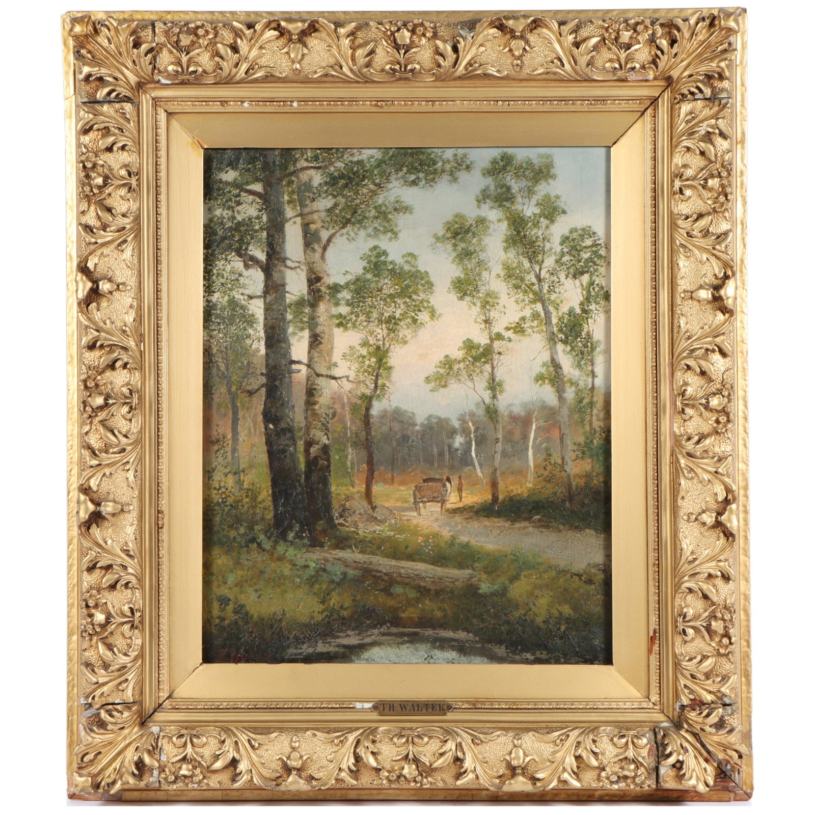 Thomas Walter, Austrian (ca. 1900), rural landscape, tree-lined path with horse and wagon, oil on (1 of 15)