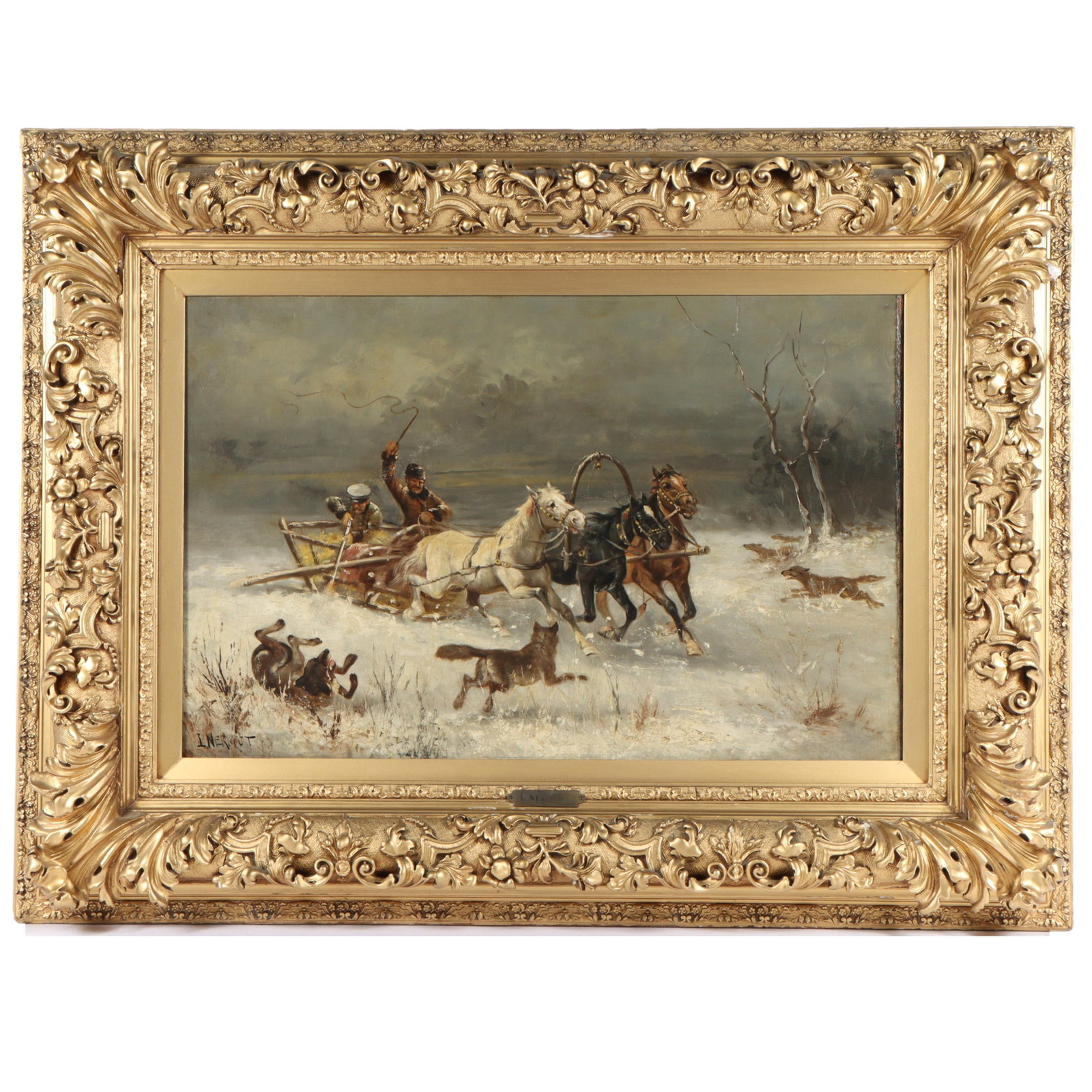 Nermut, Russian (ca. 1900), winter scene; troika with wolves, oil on panel., 20"H x 30"W(board), 32 (1 of 14)