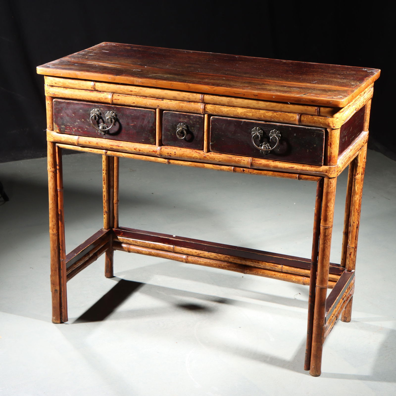 Antique Chinese bamboo console table with three drawers. 34"H x 38"W: Antique Chinese bamboo console table with three drawers. 34"H x 38"W