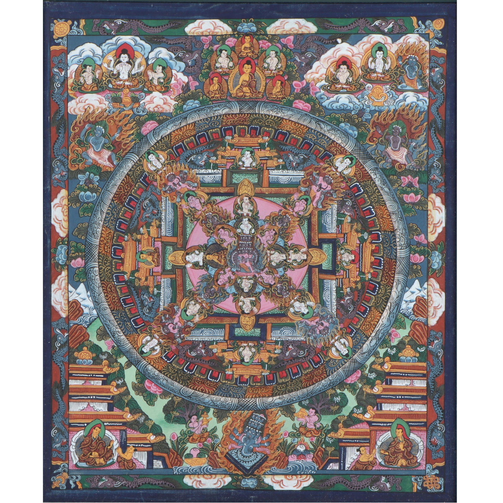 Tibetan Buddhist Thangka mandala religious painting with gilt detail 13"H x 11"W(sight), 14 1/2"H x (1 of 11)