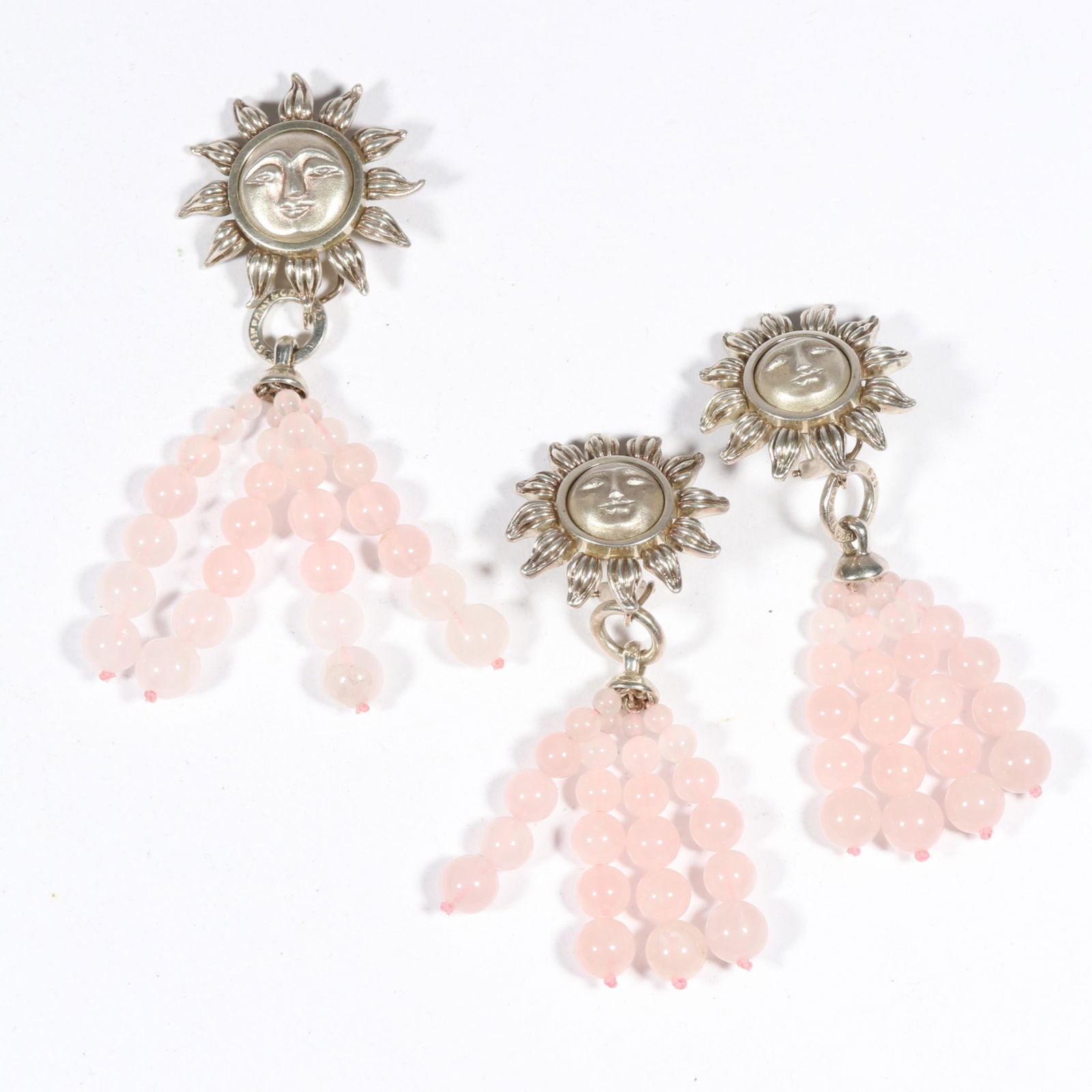 Tiffany & Co. 1995 brooch and earrings with rose quartz tassels suspended on sterling silver sun (1 of 6)
