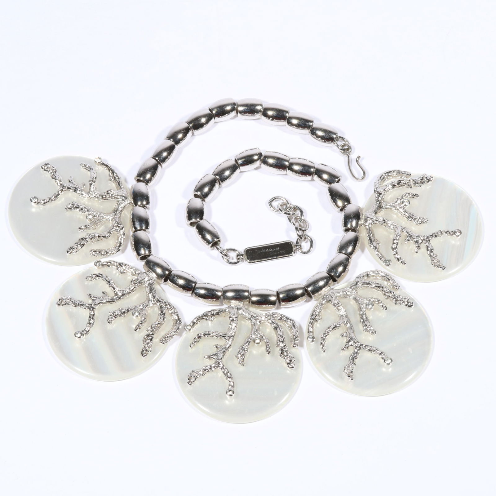 Yves Saint Laurent Robert Goossens for YSL limited edition designer faux MOP and rhinestone coral: Yves Saint Laurent Robert Goossens for YSL limited edition designer faux MOP and rhinestone coral branch necklace. 009/125 19"L x 2 5/8"Drop