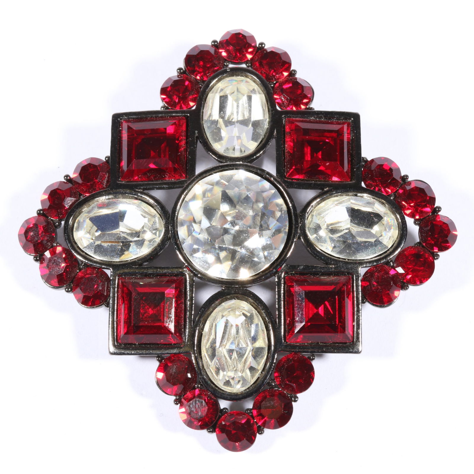 Yves Saint Laurent YSL red rhinestone crystal and japanned metal pendant brooch. 2 5/8"H x 2 5/8"W (1 of 8)