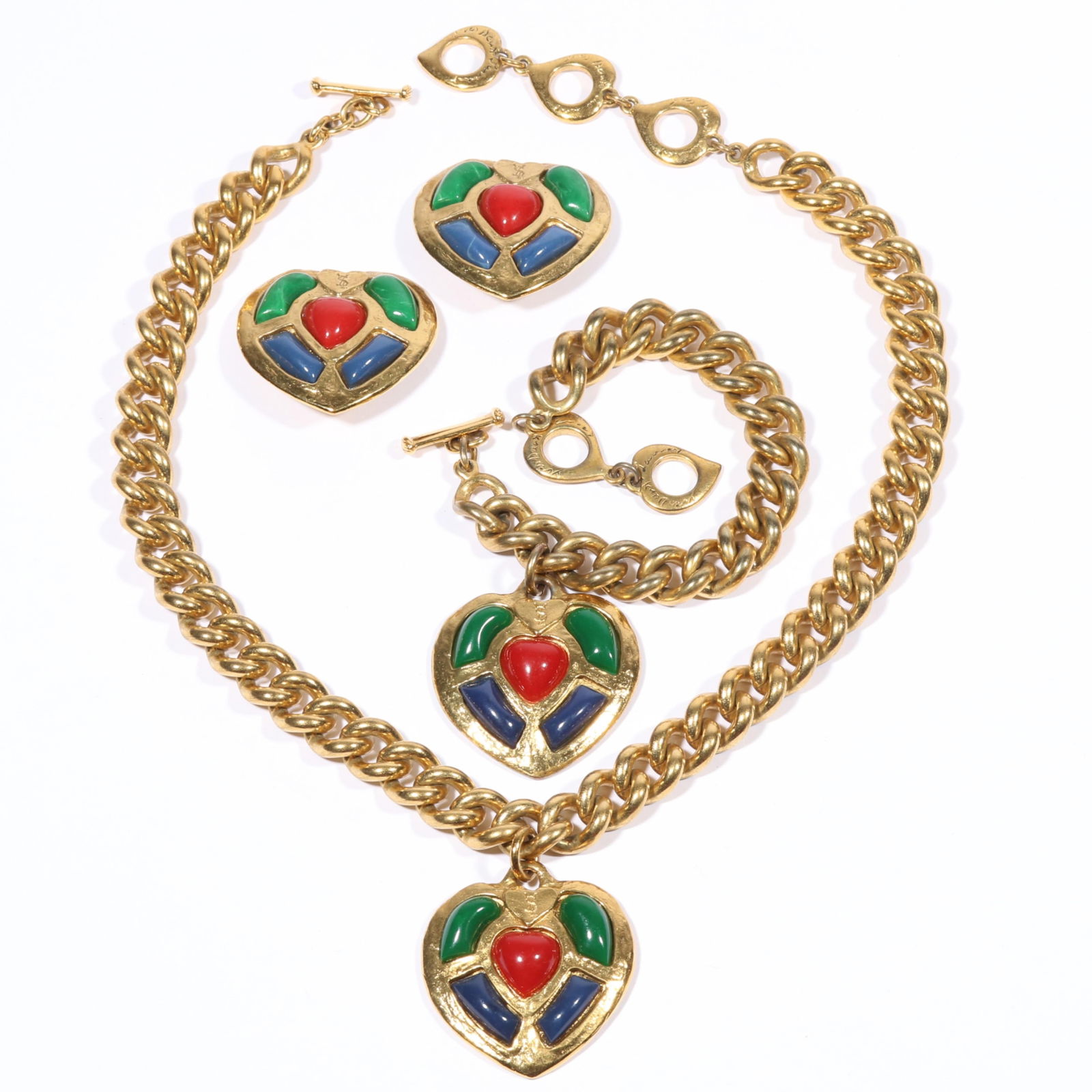Yves Saint Laurent Robert Goossens for YSL French designer gilt heart charm parure with necklace,: Yves Saint Laurent Robert Goossens for YSL French designer gilt heart charm parure with necklace, bracelet, and earrings. 19"L x 2 1/4"Drop (necklace)