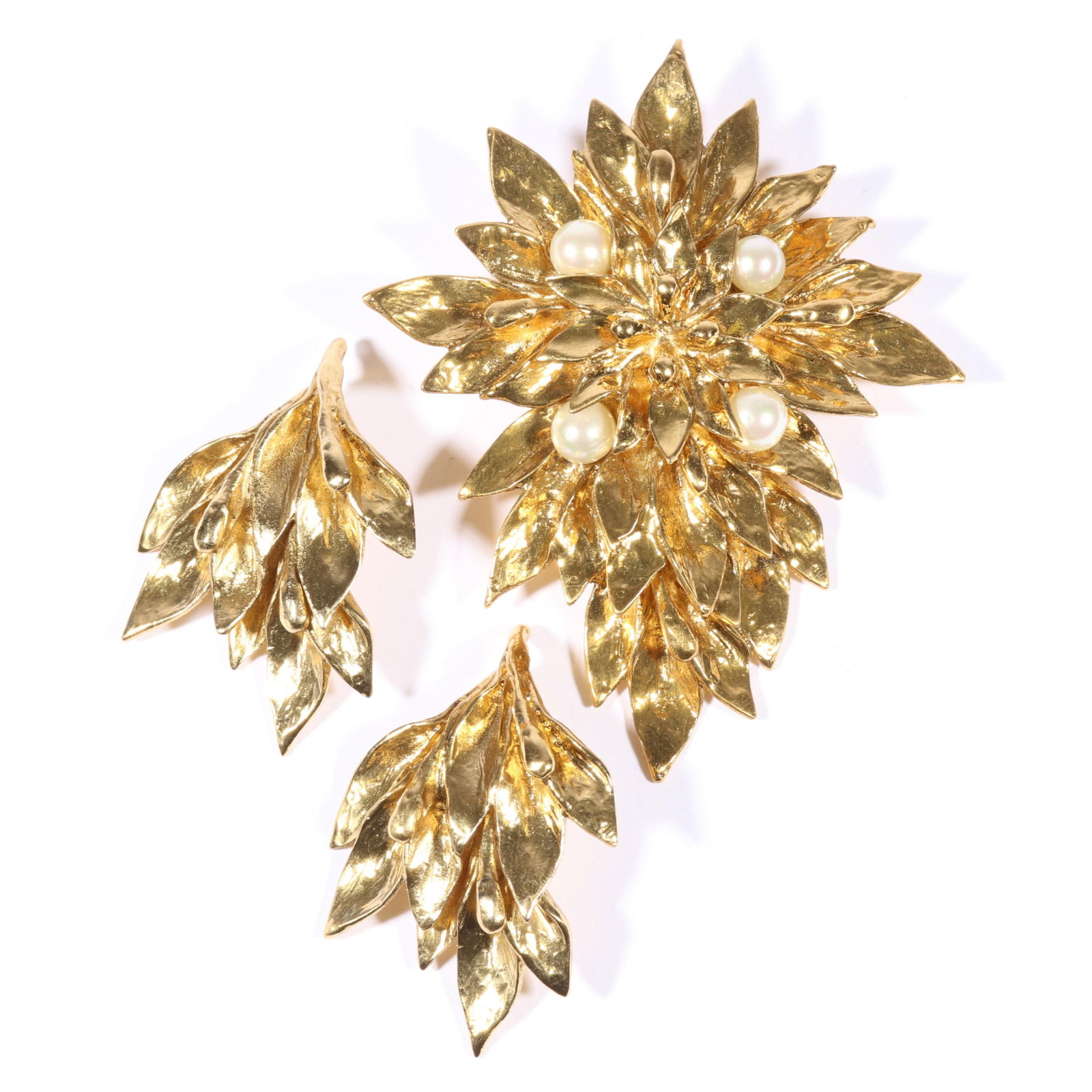 Yves Saint Laurent YSL French Designer HEAVY gilt foliage pendant brooch with faux pearl accents and (1 of 11)