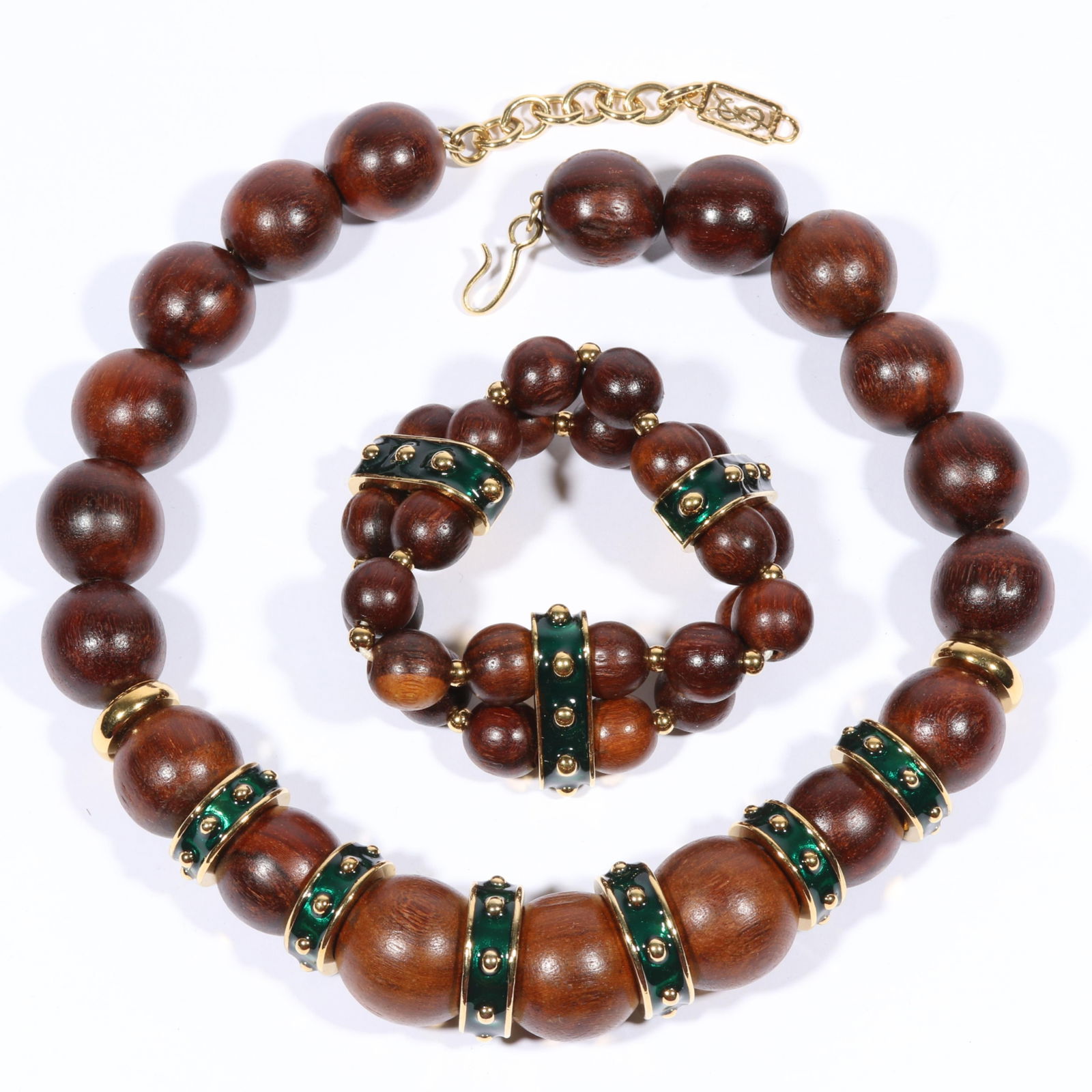 Yves Saint Laurent Robert Goossens for YSL wooden bead and enamel accent necklace and matching: Yves Saint Laurent Robert Goossens for YSL wooden bead and enamel accent necklace and matching expansion bracelet. 20"L x 1"W (necklace)