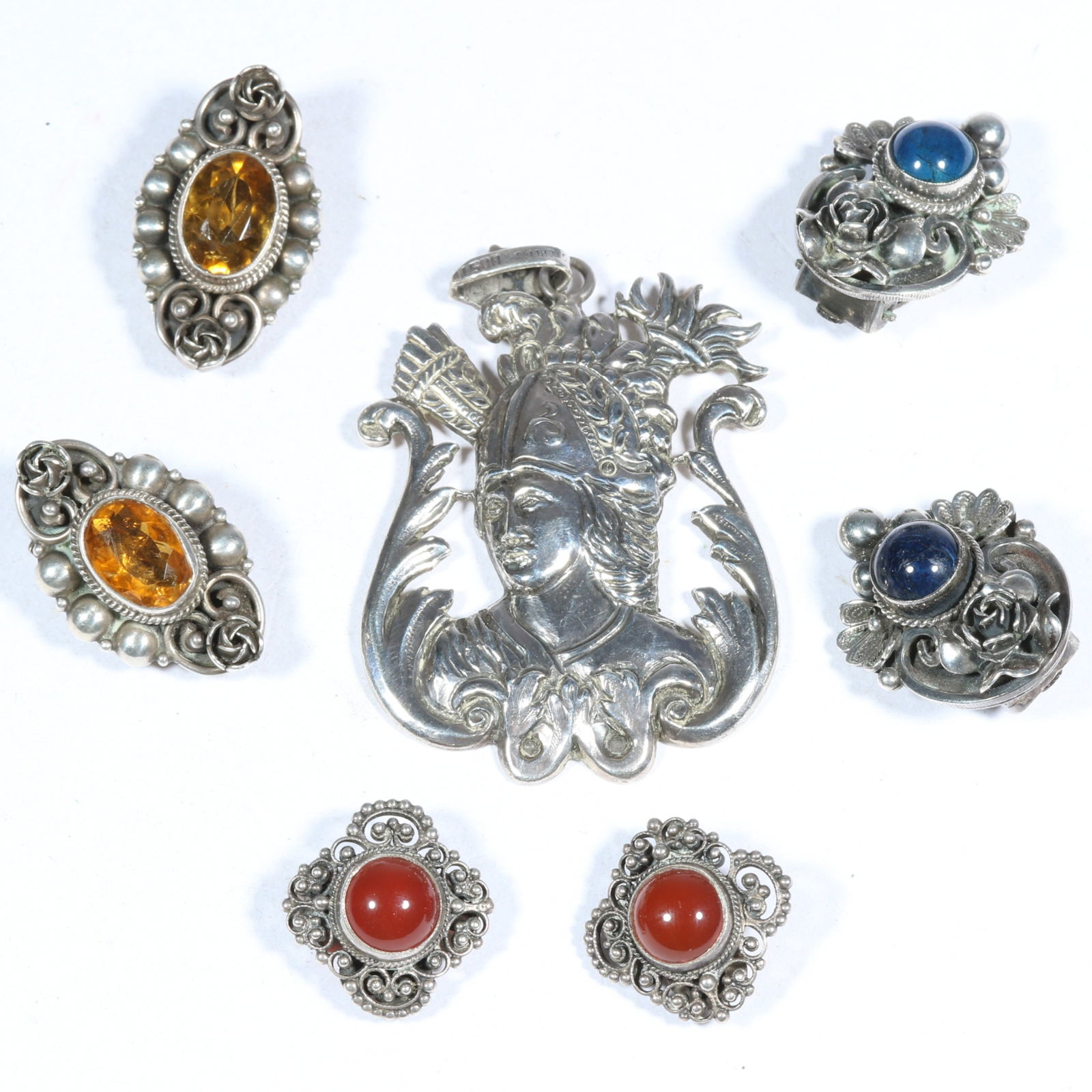 Vintage collection of mostly sterling silver jewelry, including a Cini warrior pendant and Peruzzi (1 of 10)