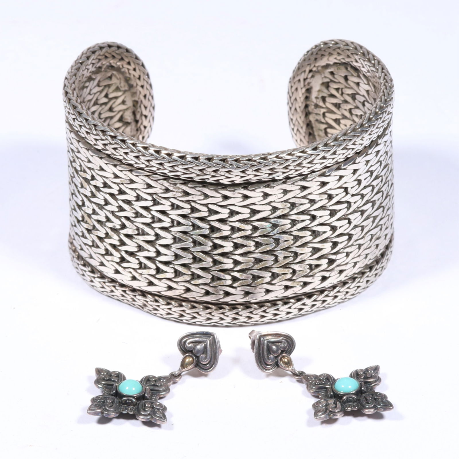 John Hardy woven heavy sterling silver cuff bracelet with sterling silver turquoise drop earrings (1 of 6)