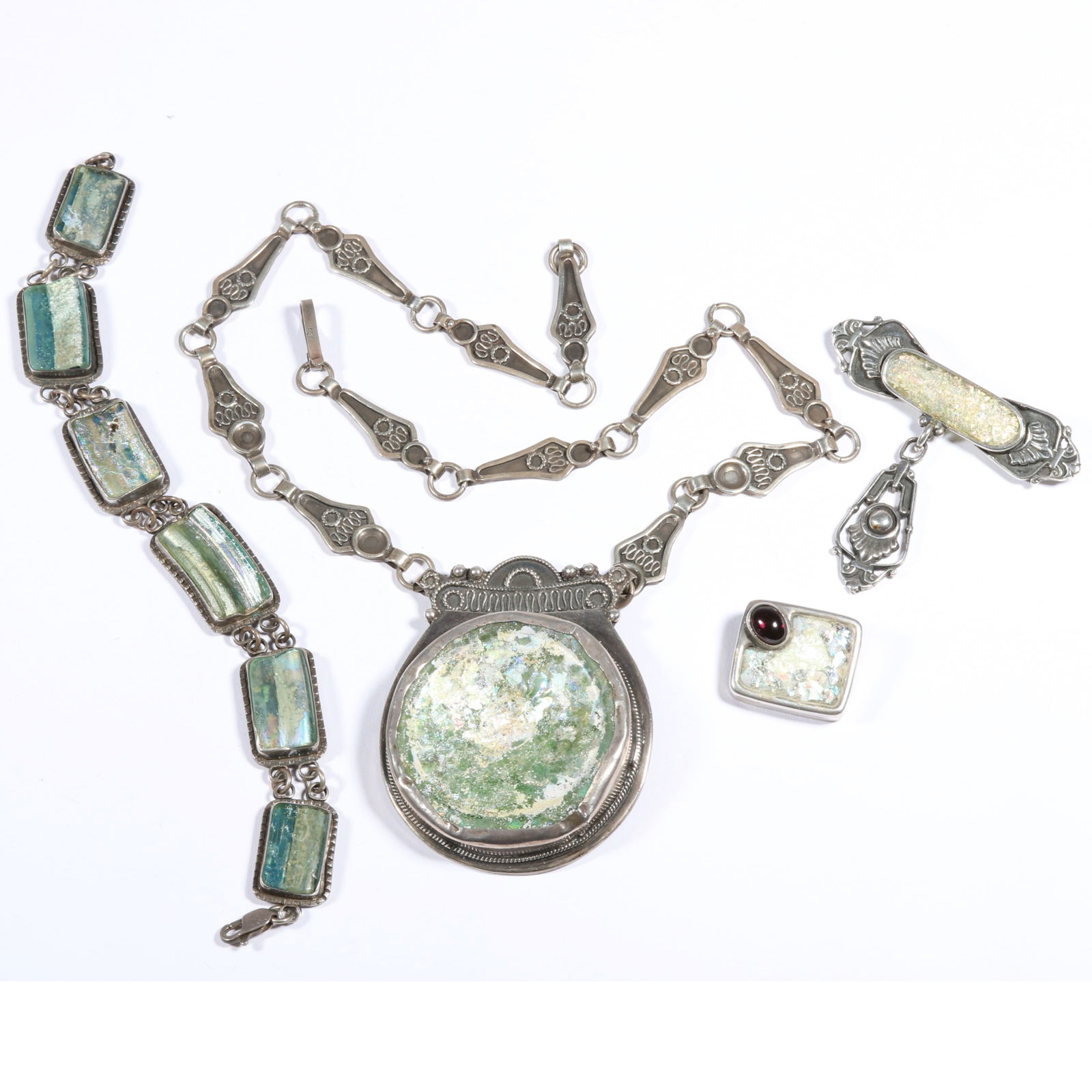 Moshe Ben David, unsigned Angie Olami antique Roman glass jewelry group with necklace, bracelet, and (1 of 13)