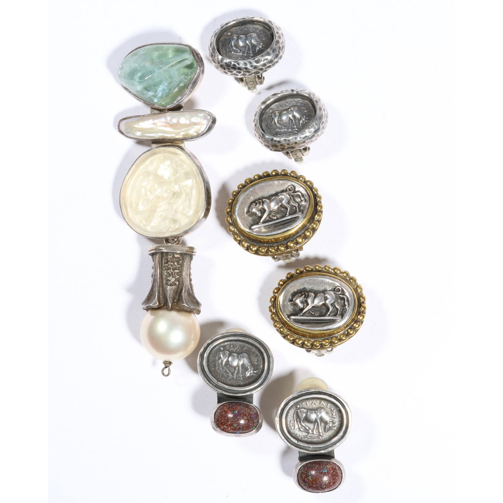 Rebecca Collins sterling silver jewelry group including pearls, aquamarine, and glass brooch, fire (1 of 11)