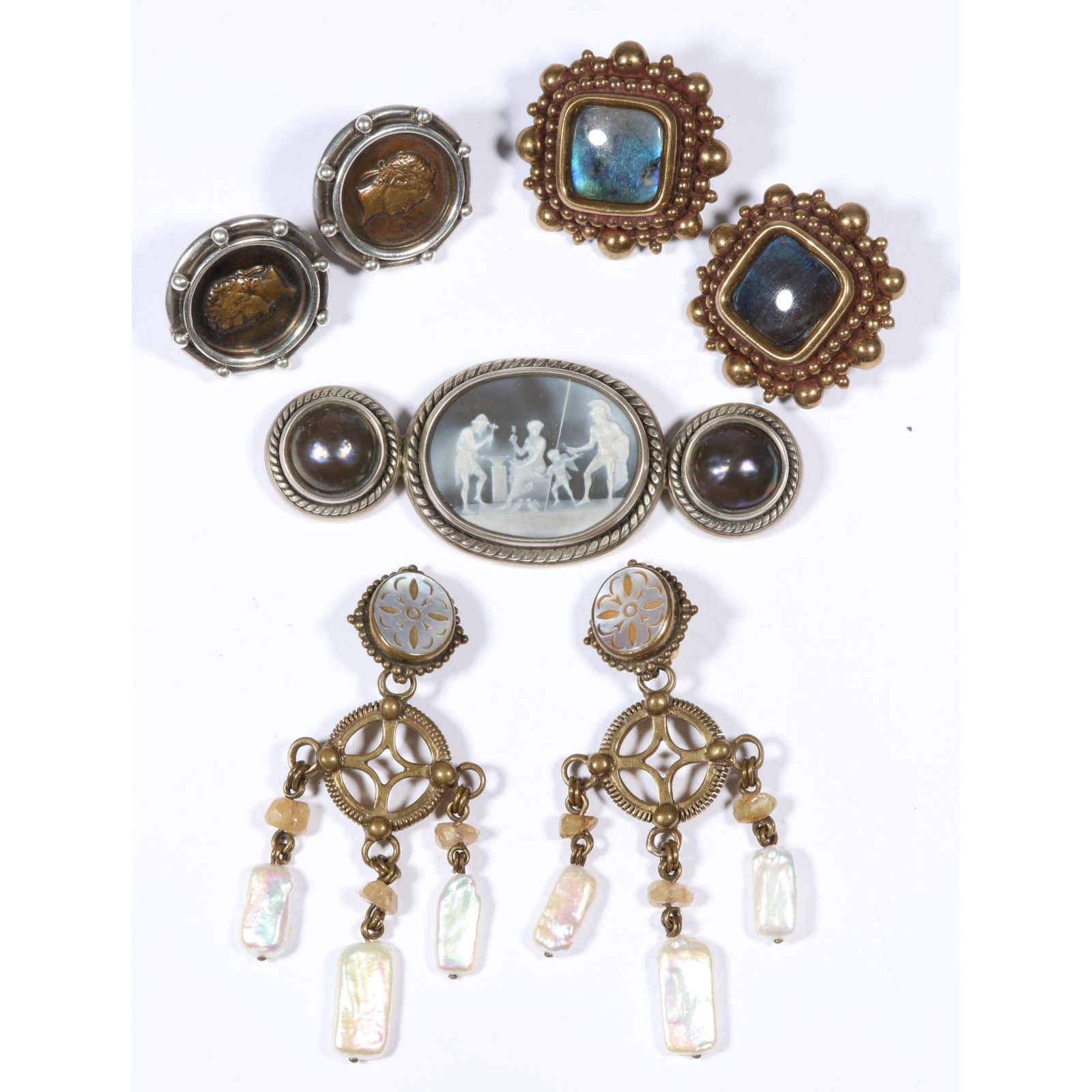 Stephen Dweck jewelry group including sterling silver cameo and Tahitian pearl brooch, labradorite (1 of 9)