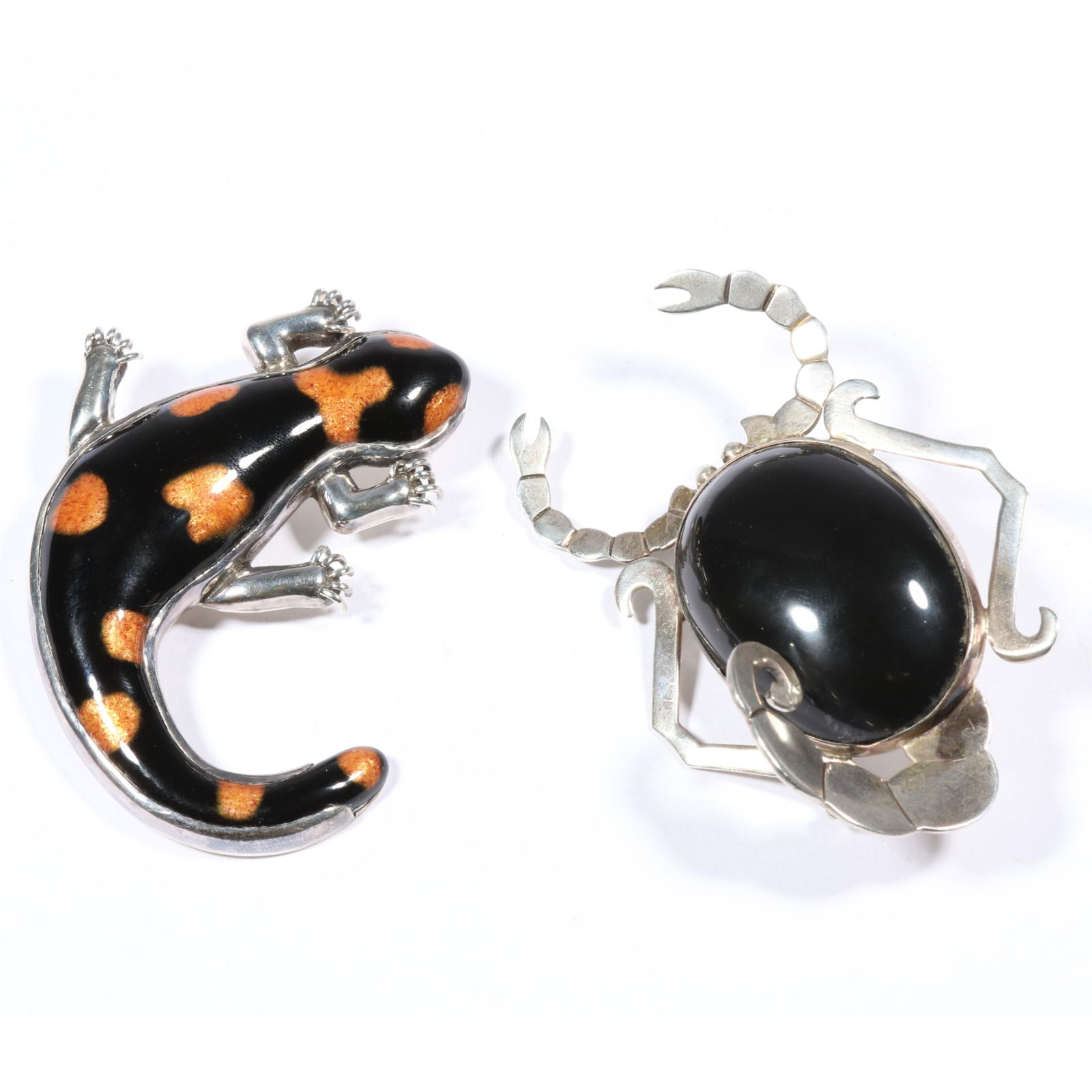Taxco Mexican sterling jewelry group including scorpion pendant brooch with large onyx cabochon and (1 of 10)