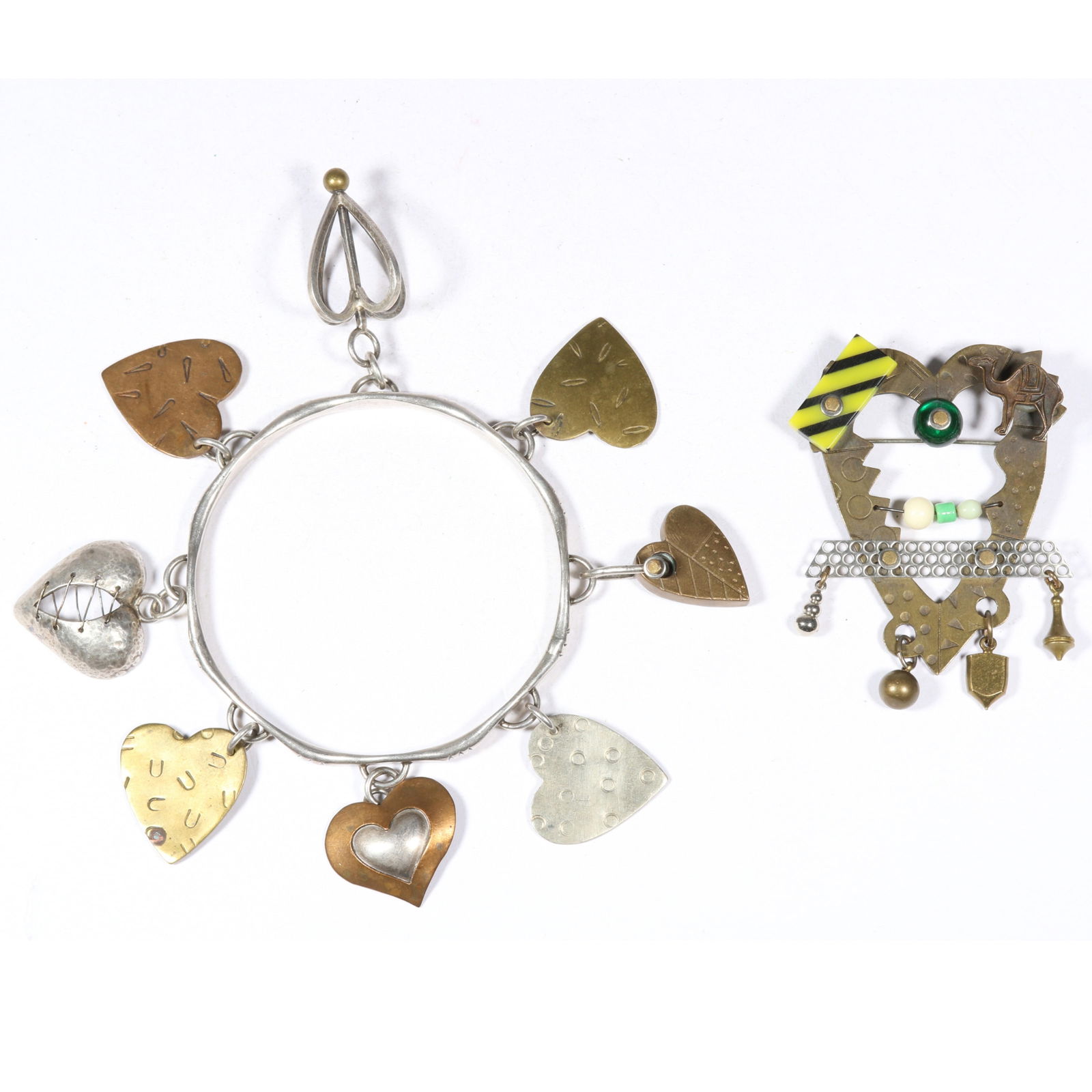 Thomas Mann Techno-Romantic bracelet and brooch set featuring mixed metals, charms, and art glass. 7 (1 of 12)