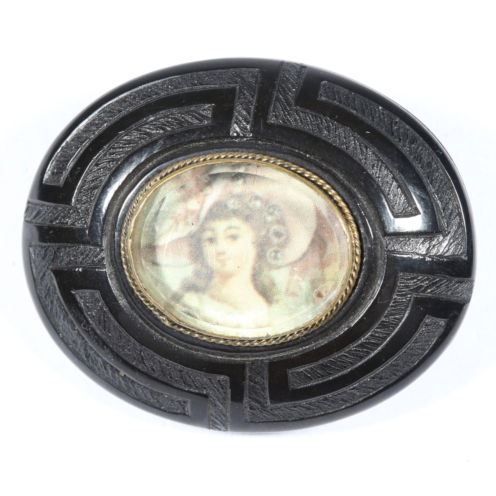 Antique Victorian composite mourning brooch with printed woman portrait inside glass panel. 1 1/2"H (1 of 4)