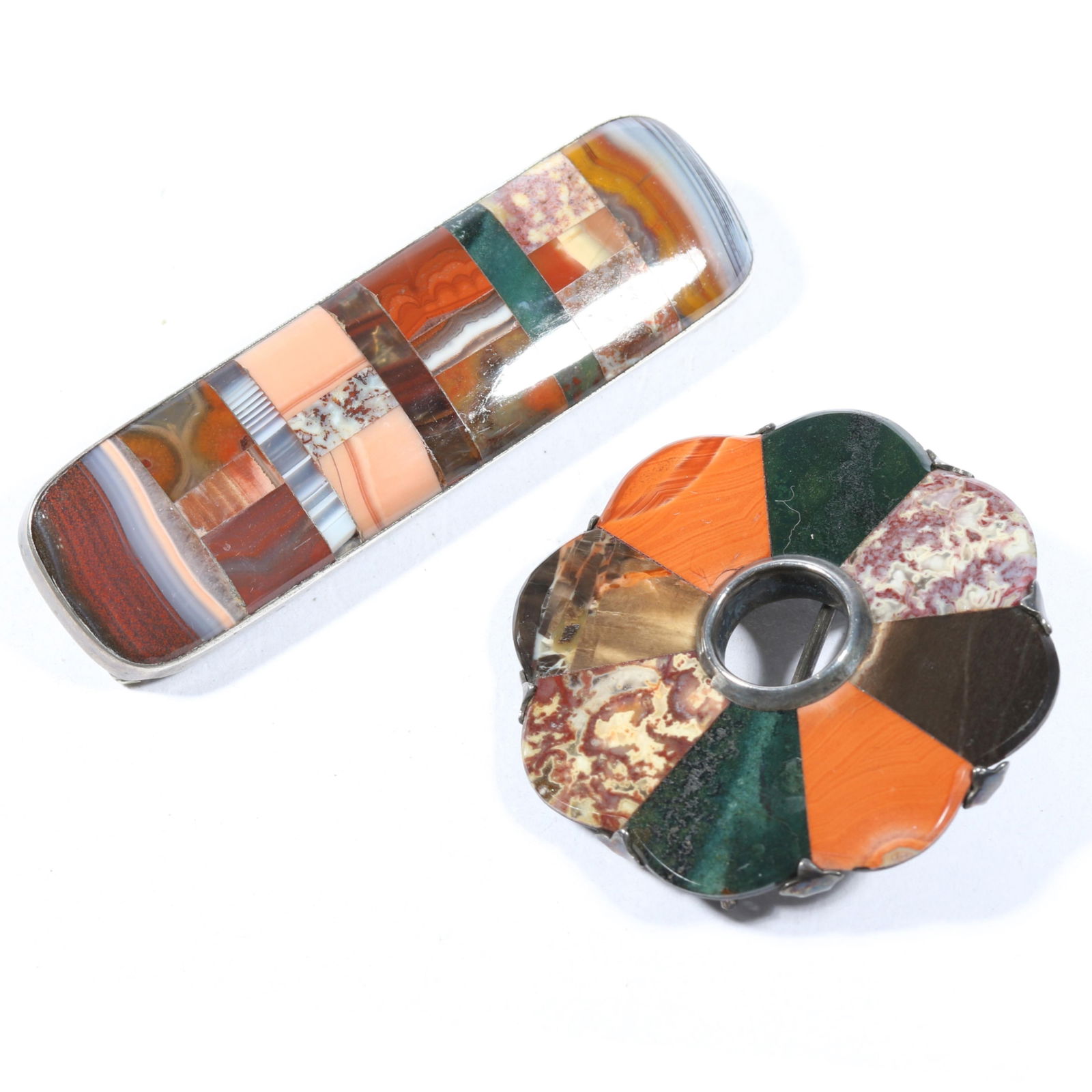 Pair of FANTASTIC Antique Scottish agate brooches. 3/4"H x 2 3/4"W (bar brooch) (1 of 9)