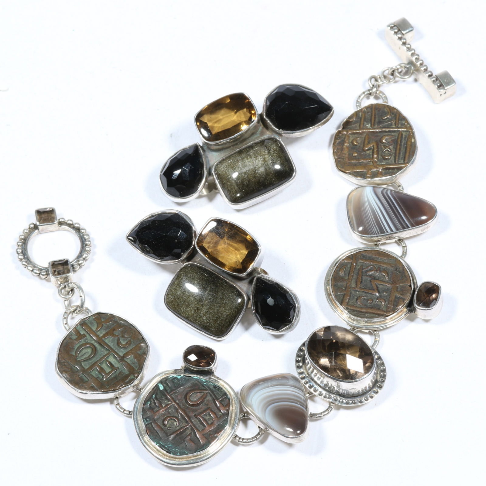 Amy Kahn Russell sterling silver jewelry group: bracelet with Rupee coins, Botswana agate, smoky (1 of 10)