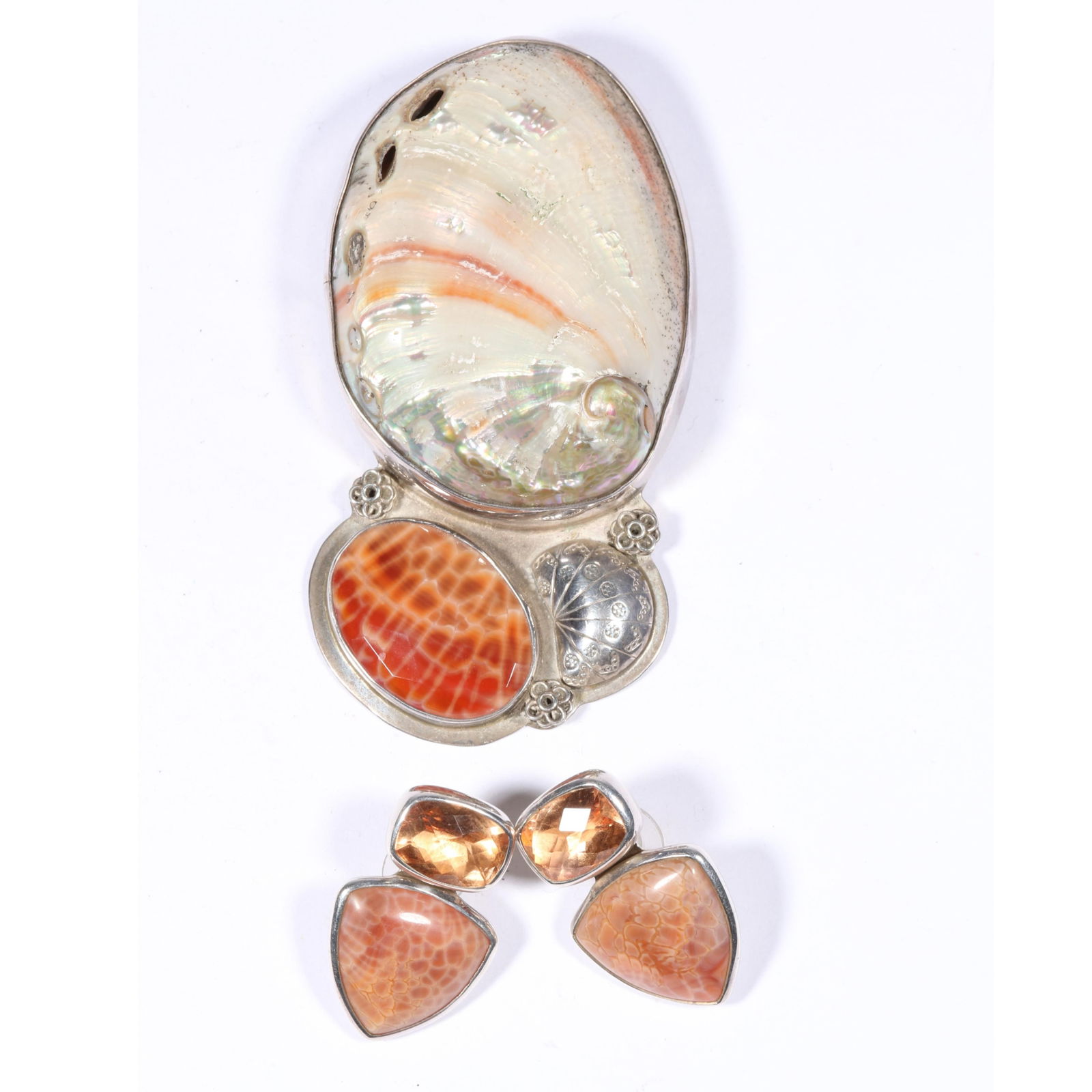 Amy Kahn Russell sterling silver pendant brooch and earrings including pink larimar, abalone shell, (1 of 9)