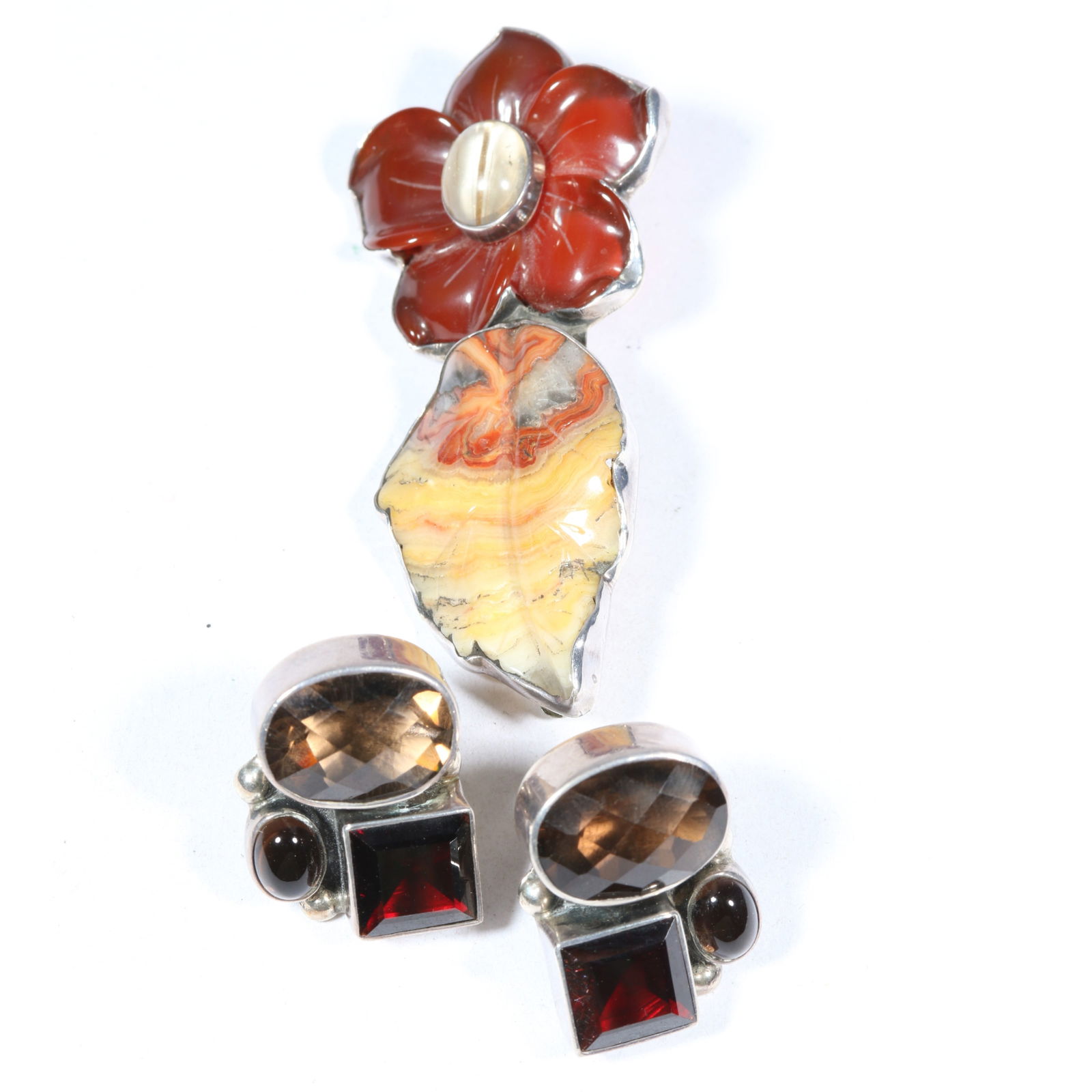 Sterling silver jewelry group by Amy Kahn Russell, featuring a carved crazy lace agate, rutilated (1 of 7)