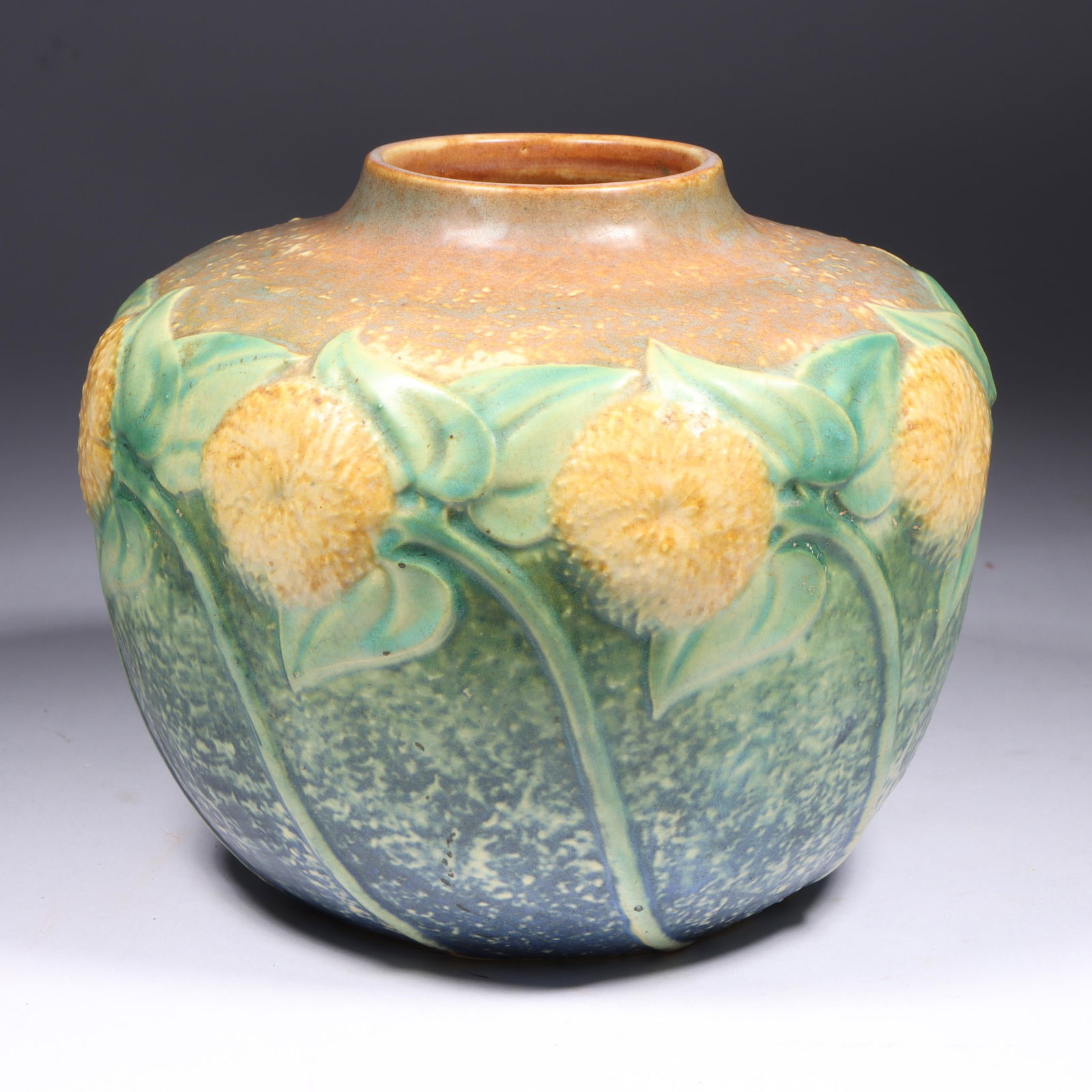 Roseville Pottery sunflower vase 6 1/4'H x 7 1/4'Diam. (1 of 8)