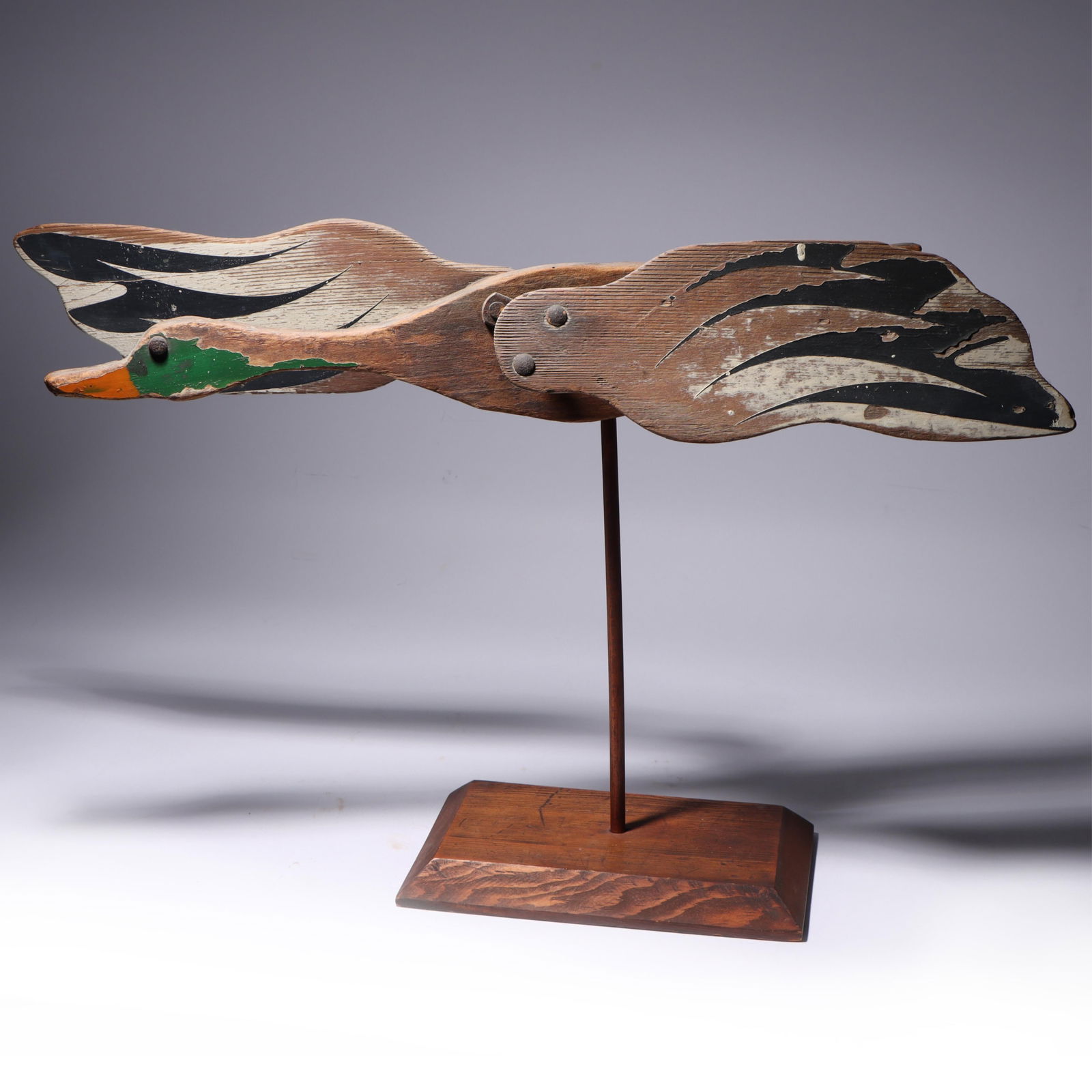 Antique folk art / lawn ornament carved and painted wooden mallard duck whirligig mounted on stand (1 of 7)
