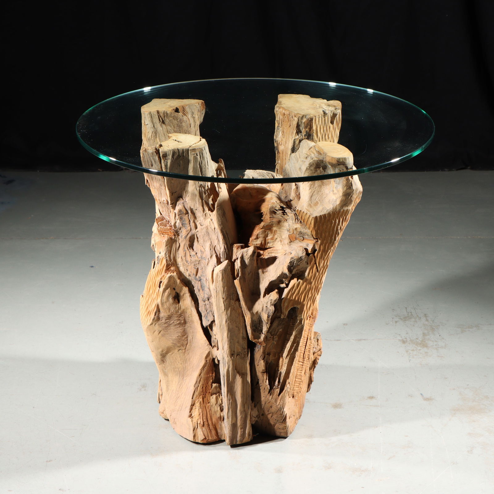 Driftwood organic sculptural root ball side table with round glass top 24'H x 27'Diam. (1 of 7)