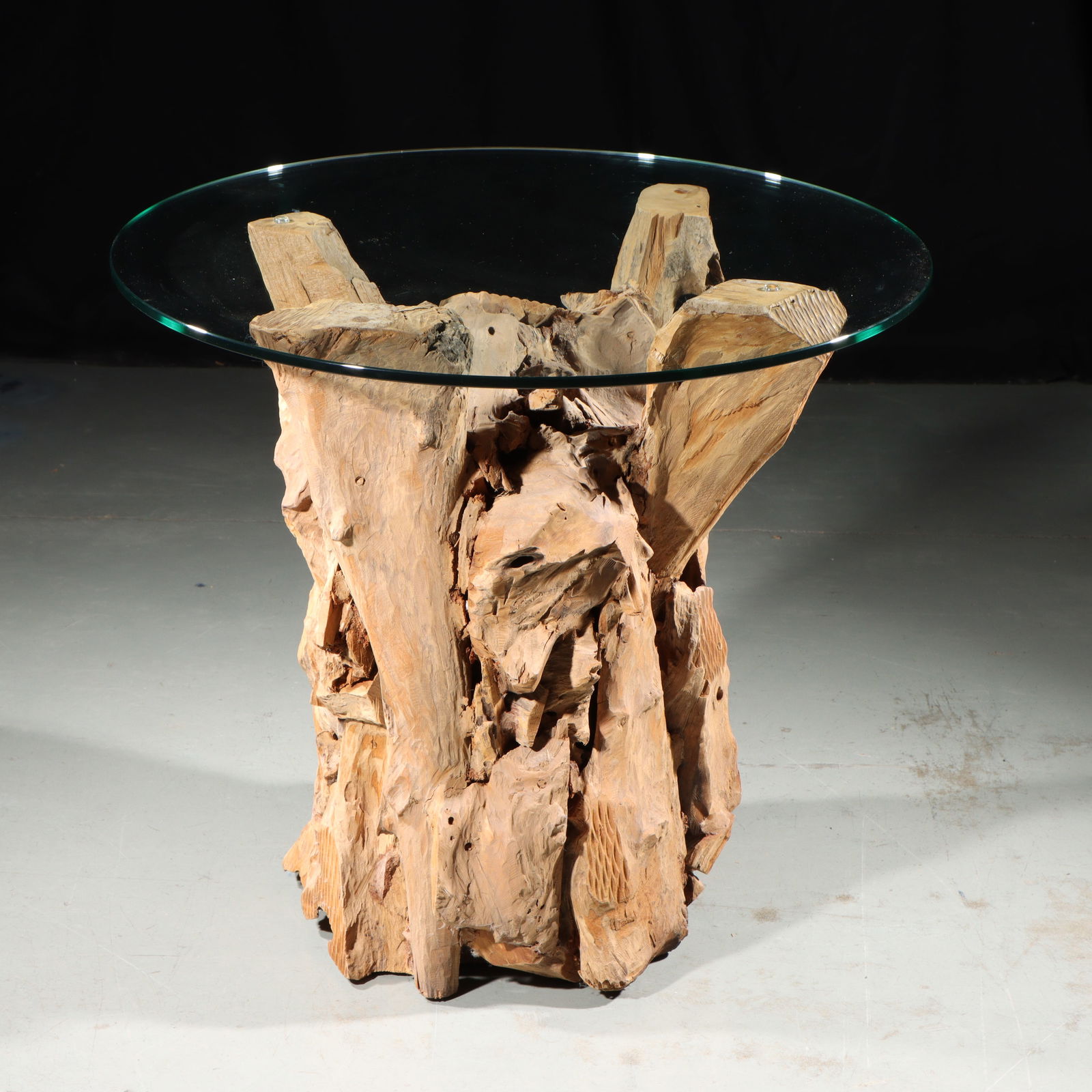 Driftwood organic sculptural root ball side table with round glass top 24'H x 27'W (1 of 11)