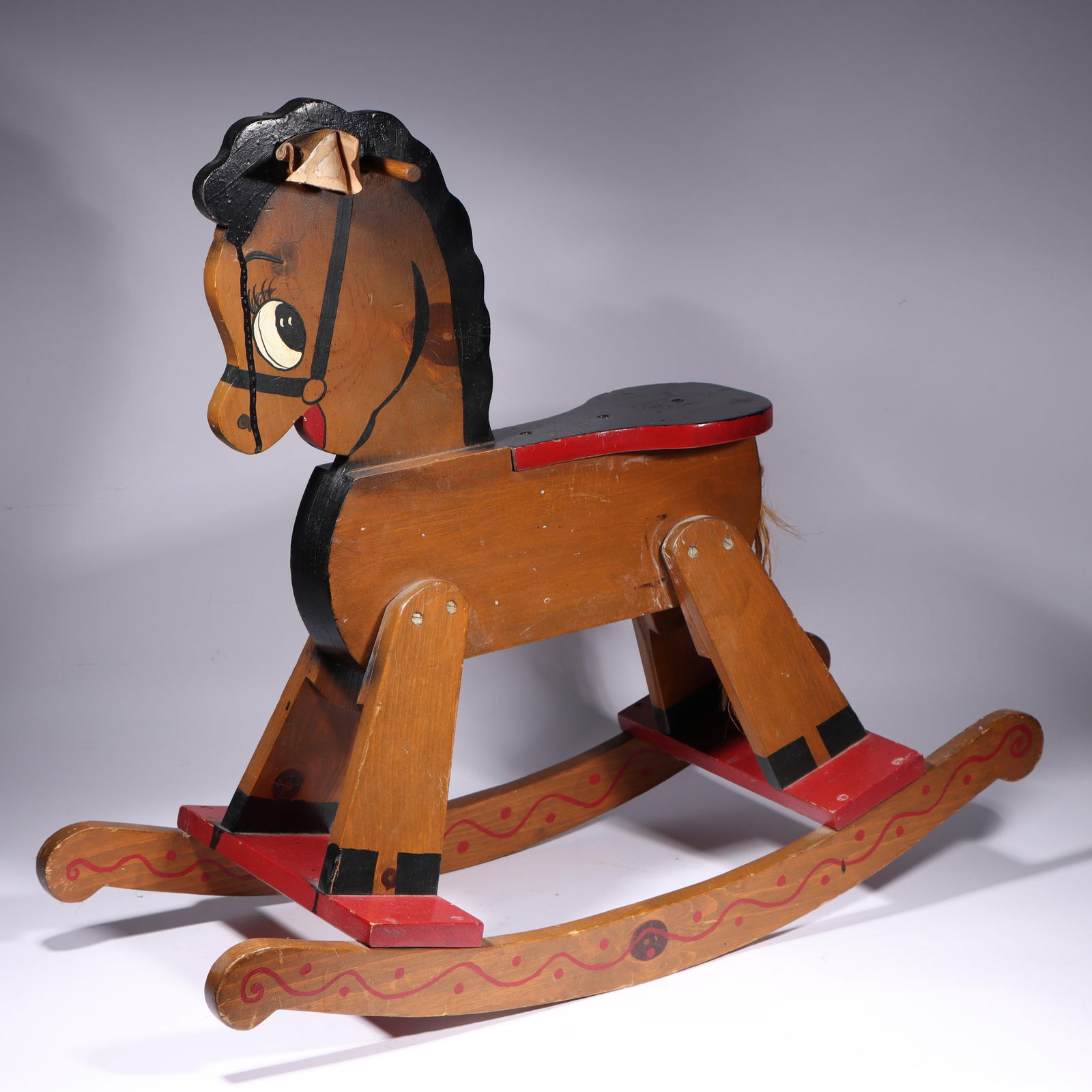 Vintage painted wooden rocking horse toy with burlap twine tail and suede ears 27'H x 31'W: Vintage painted wooden rocking horse toy with burlap twine tail and suede ears 27"H x 31"W
