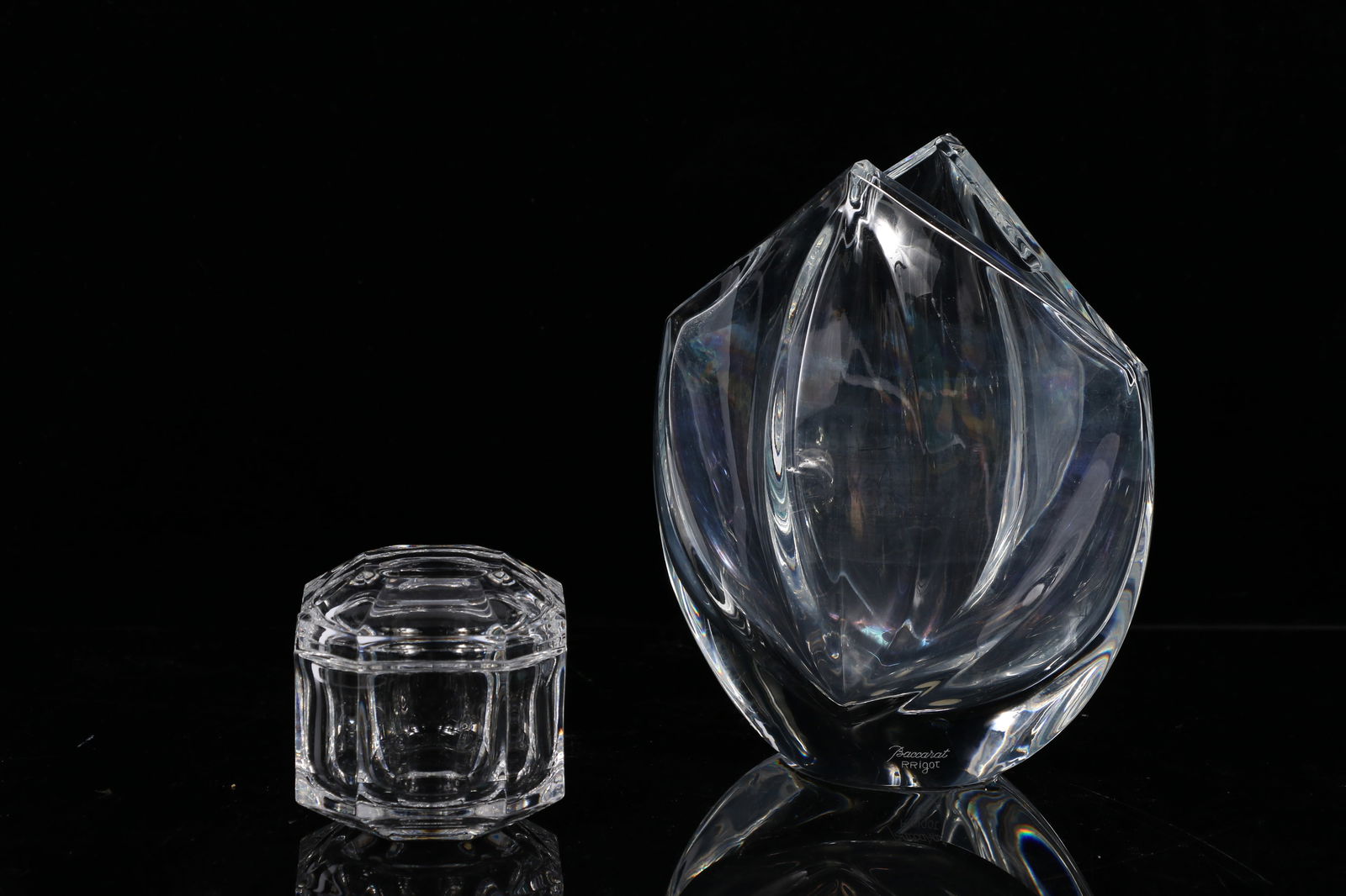 Tiffany & Co crystal octagonal trinket box and Baccarat Bagatelle fluted crystal vase designed by: Tiffany & Co crystal octagonal trinket box and Baccarat Bagatelle fluted crystal vase designed by Robert Rigot 7"H x 5 3/4"W x 3"D (vase)