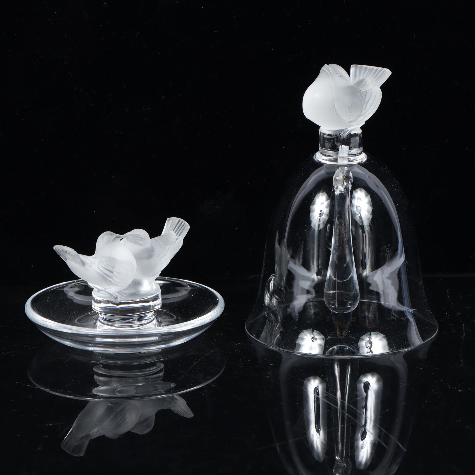 Pair of Lalique crystal decorative objects: 'Love Birds' ring tray and table bell with frosted glass: Pair of Lalique crystal decorative objects: "Love Birds" ring tray and table bell with frosted glass sparrow handle 5 1/4"H x 3 1/2"Diam. (bell)