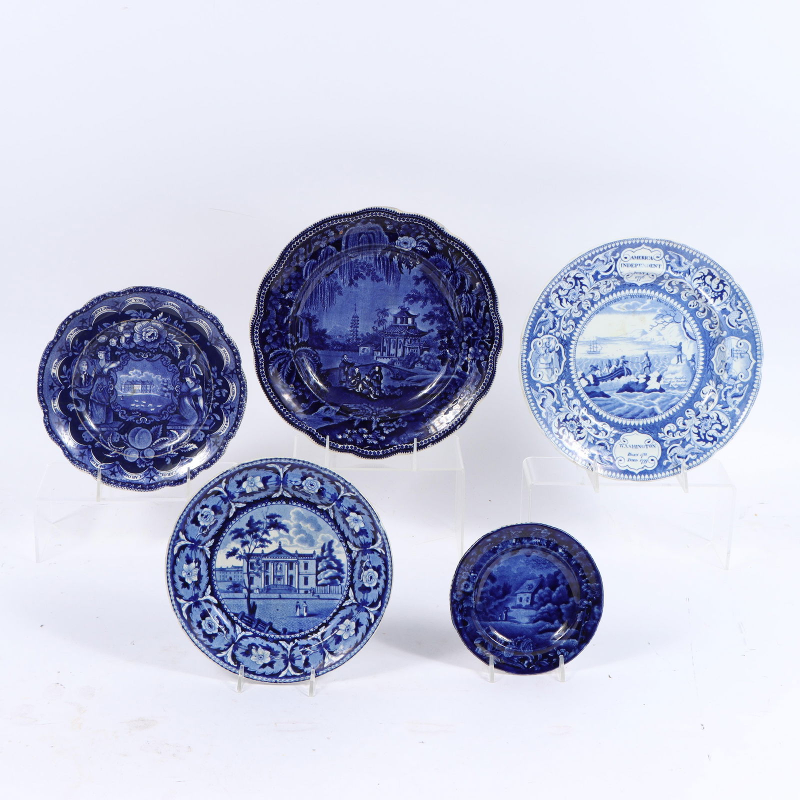 Five Historical Staffordshire Flow Blue Transferware plates 10 1/2'Diam. (largest) (1 of 10)