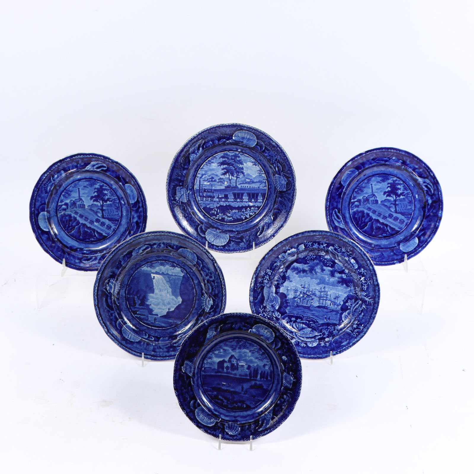 Six Enoch Wood & Sons Historical Staffordshire Flow Blue Transferware plates 10'Diam. (largest) (1 of 12)