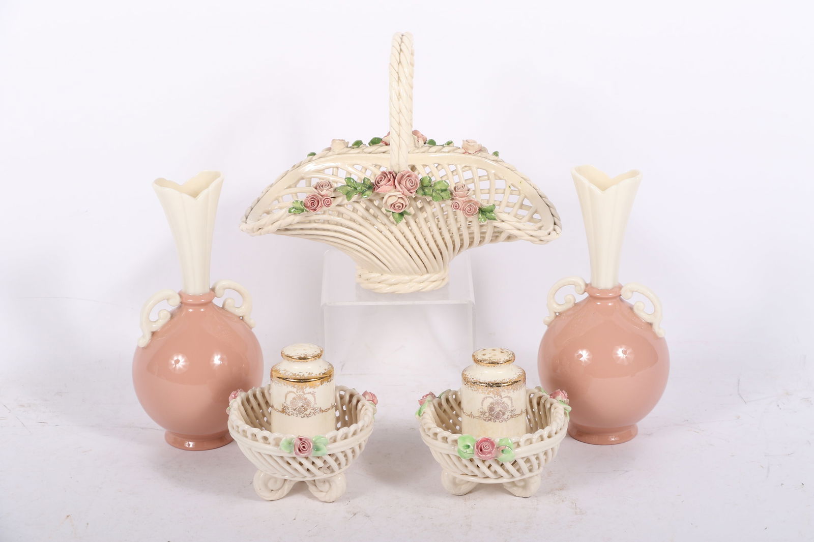 Vintage ceramic decor, 7pc: Pair Lenox bud vases, three Italian Capodimonte porcelain baskets with: Vintage ceramic decor, 7pc: Pair Lenox bud vases, three Italian Capodimonte porcelain baskets with applied roses, gilt salt and pepper shakers 7 3/4"H x 3 1/4"Diam. (Lenox vase)