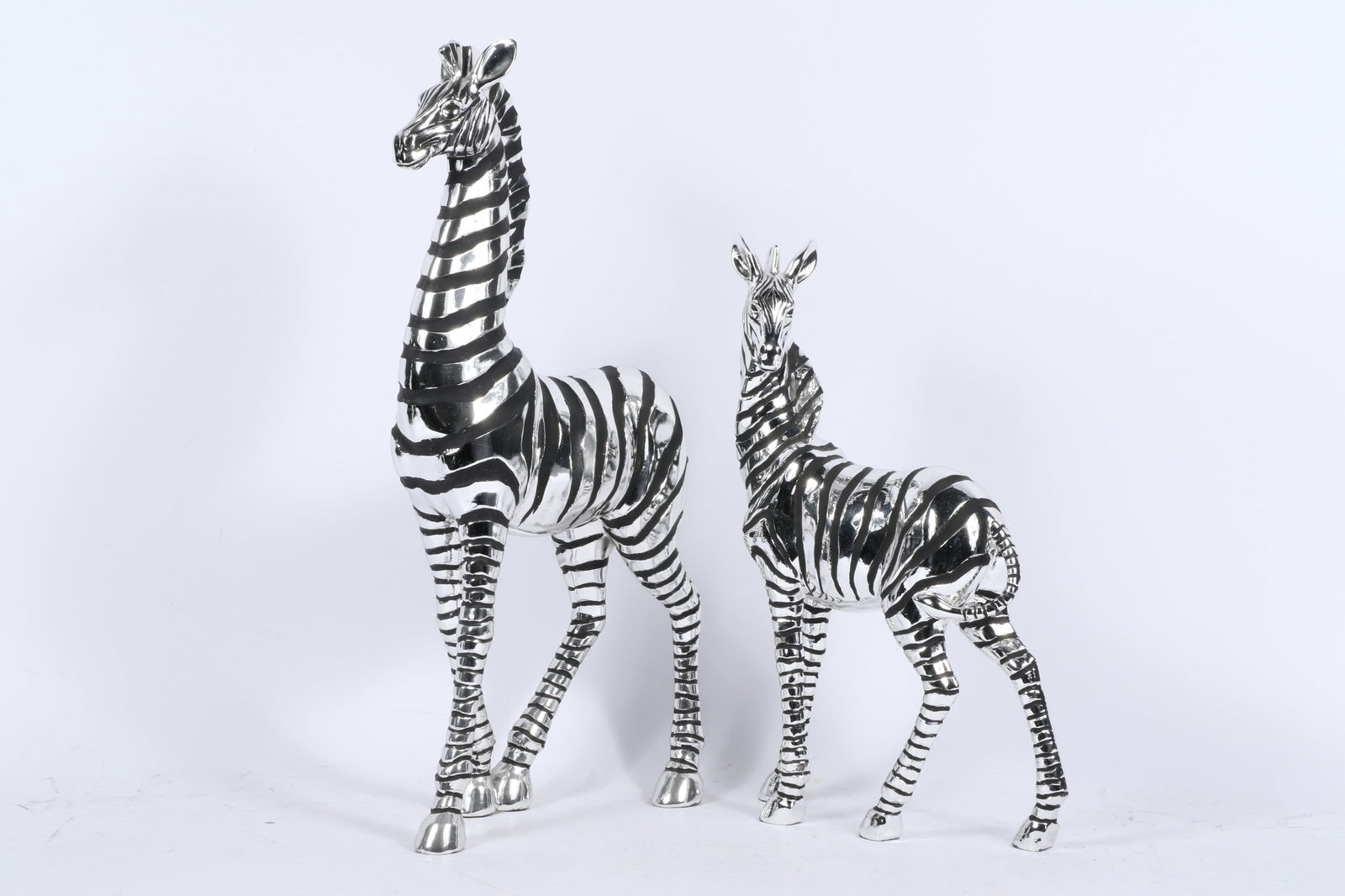 Pair Hollywood decorative zebra sculptures, mother/ foal, chrome metallic finish 23 1/4'H x 11 1/2'L (1 of 9)