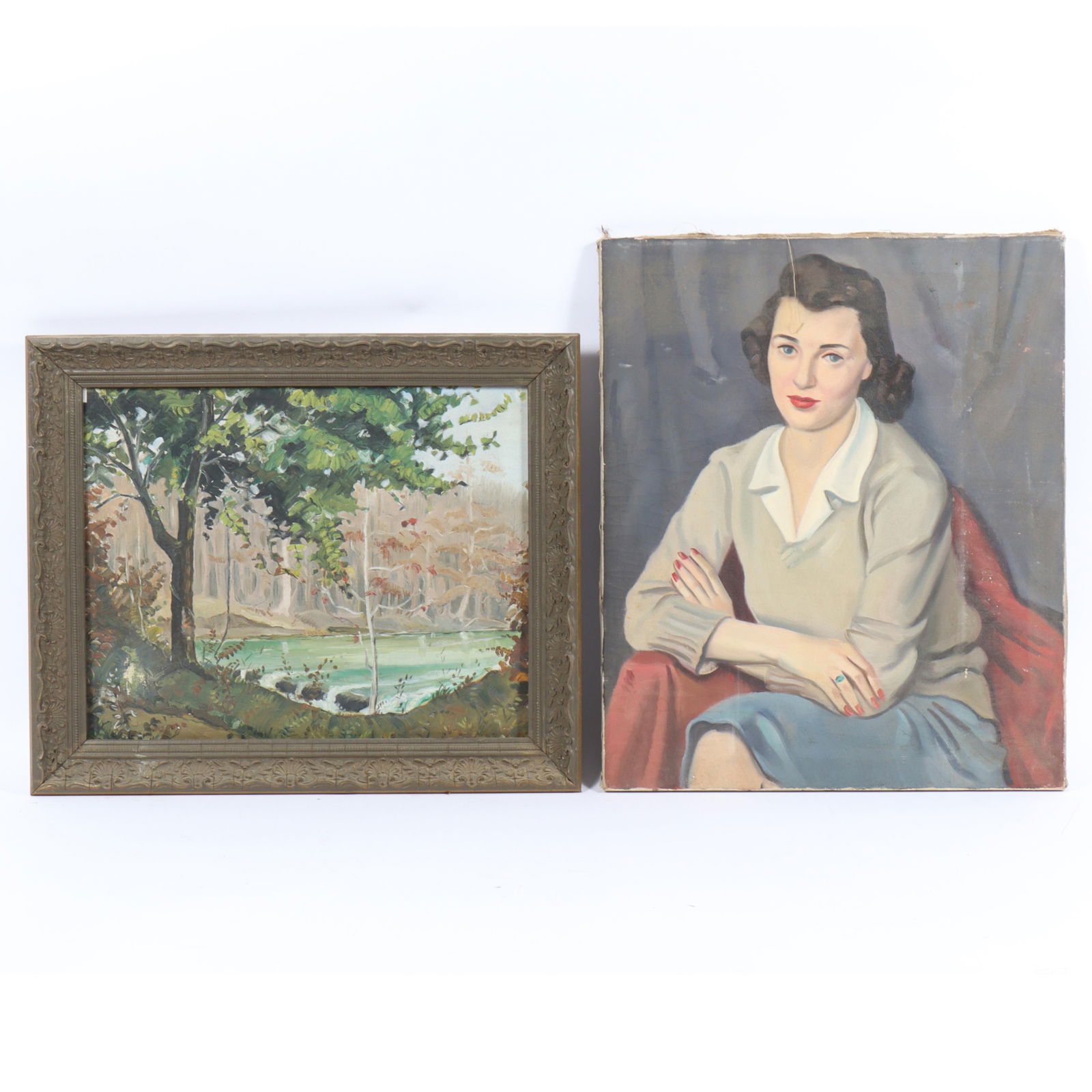Pair of vintage oil paintings: landscape with trees, seated female portrait 24'H x 20'W (portrait) (1 of 9)