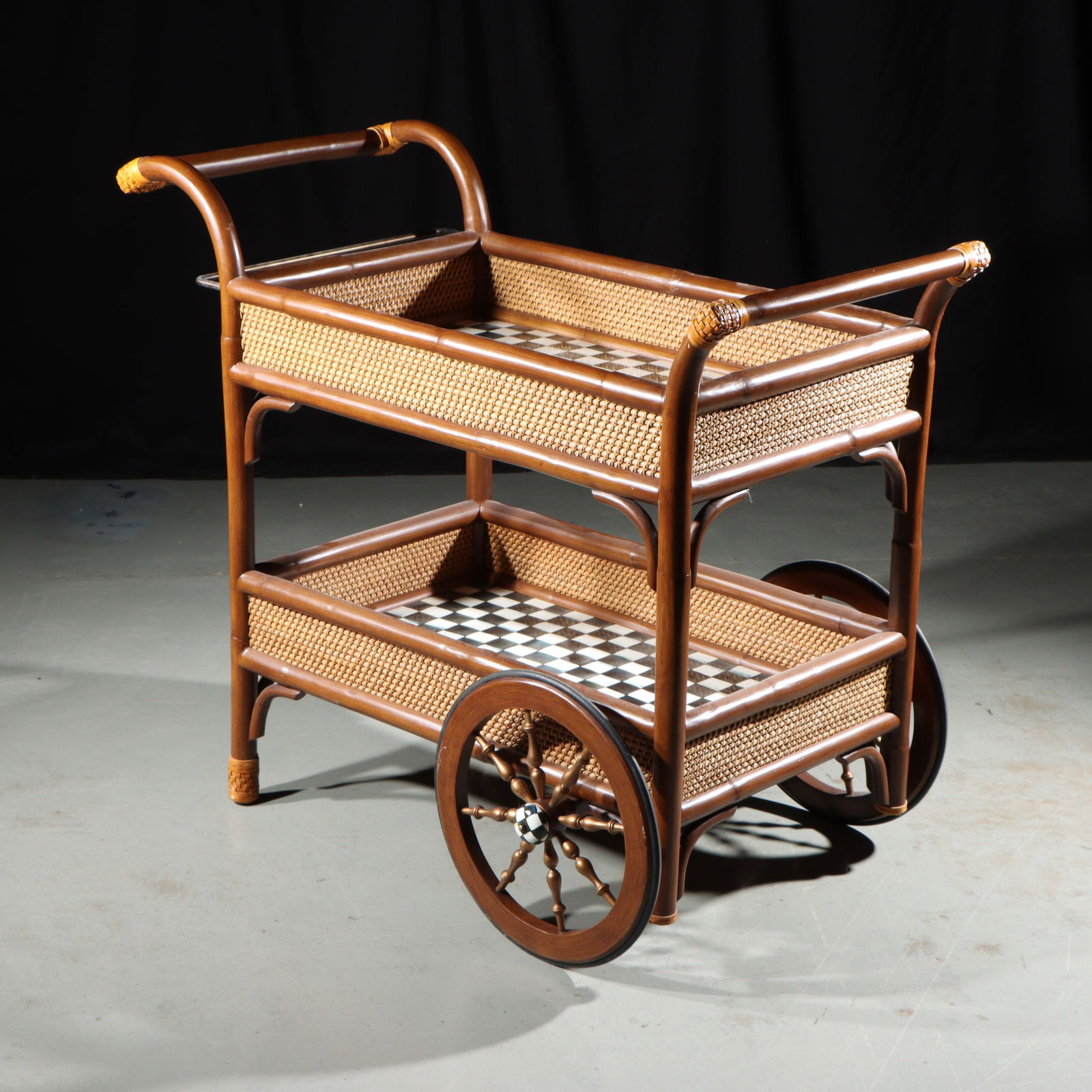 Mackenzie-Childs 'Campaign' rattan bar cart / tea cart 35 1/2'H x 20 1/4'W (one) (1 of 9)