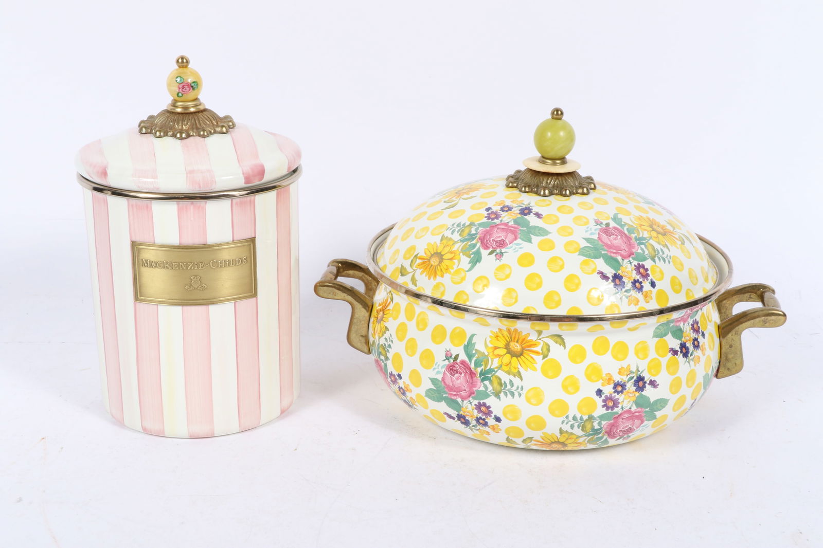 MacKenzie-Childs enamelware: Bathing Hut pink & white stripe canister and Buttercup covered (1 of 14)