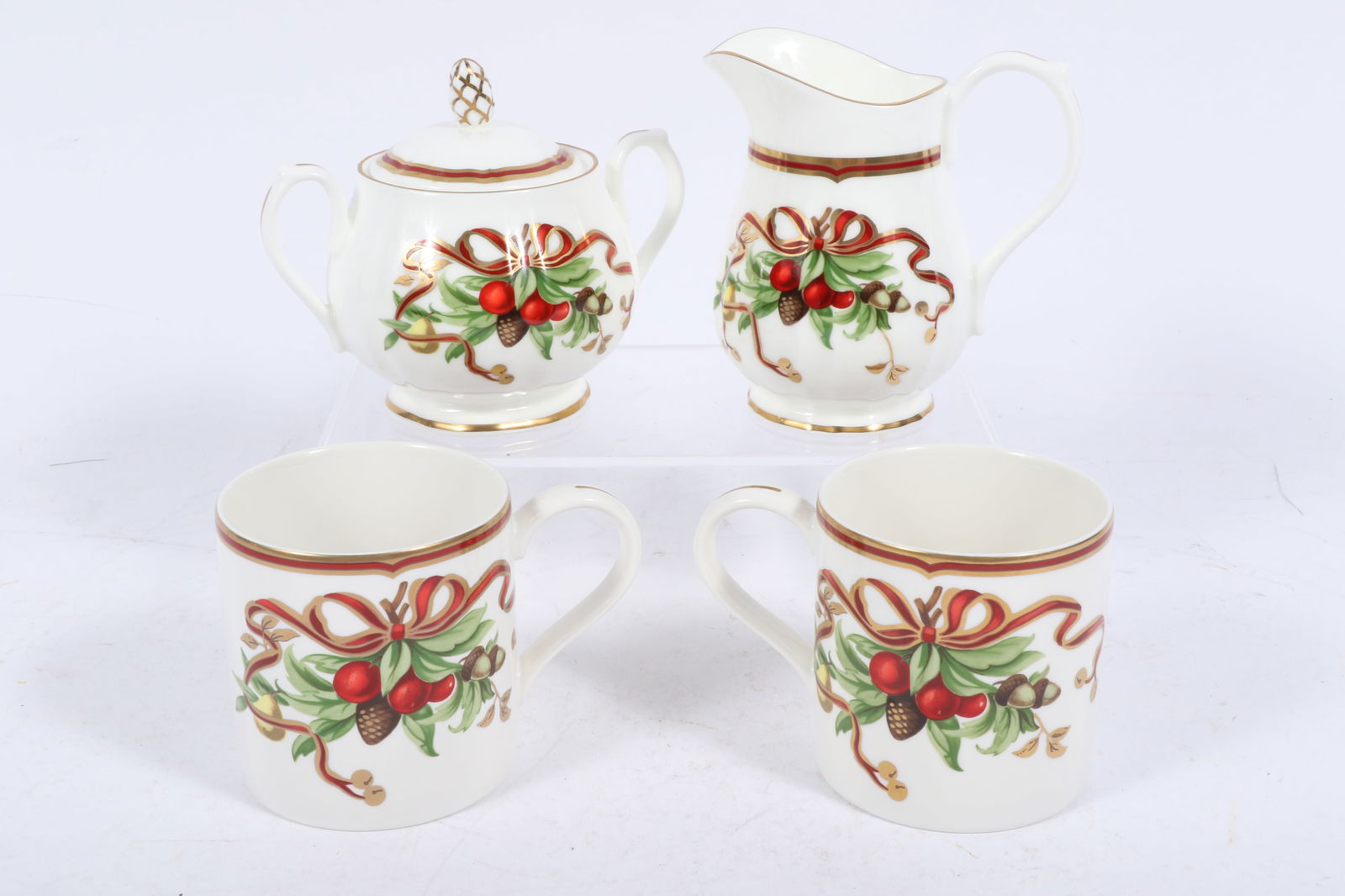 Tiffany Holiday Christmas dishware, 4pc: cream, sugar, 2 mugs 3 1/4'H x 3 1/4'Diam. (mug) (1 of 5)