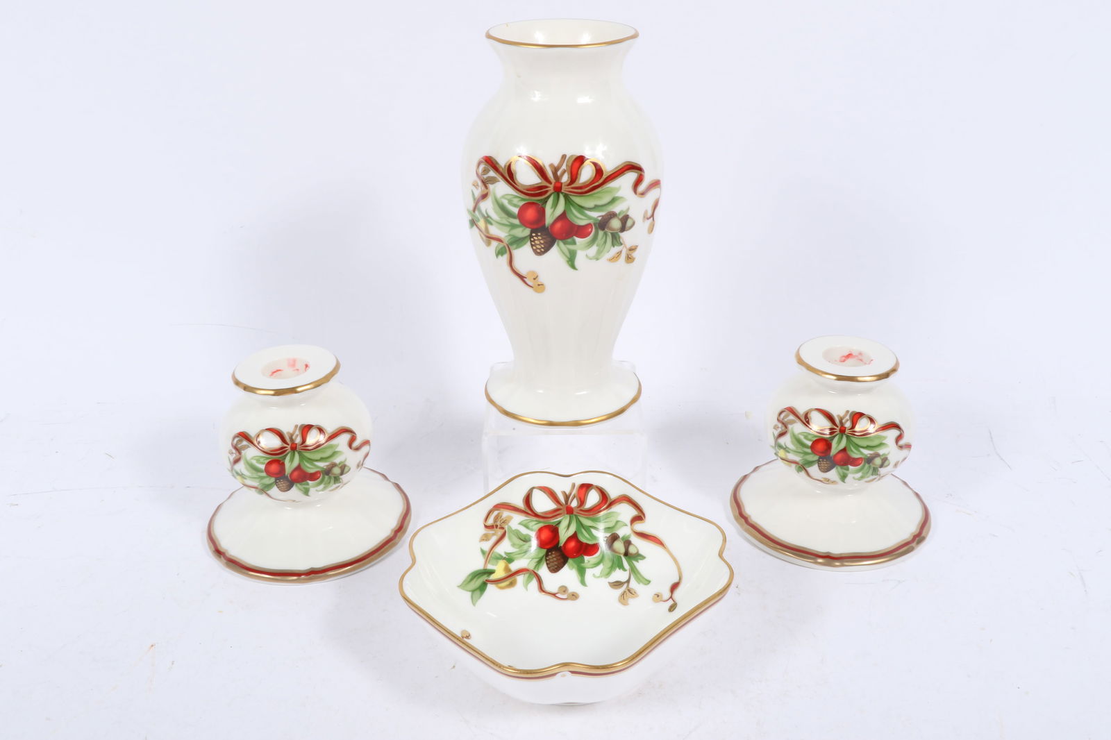 Tiffany Holiday Christmas tableware, 4pc: two candlesticks, vase, square bowl 7 1/2'H x 3 1/2'Diam. (1 of 6)
