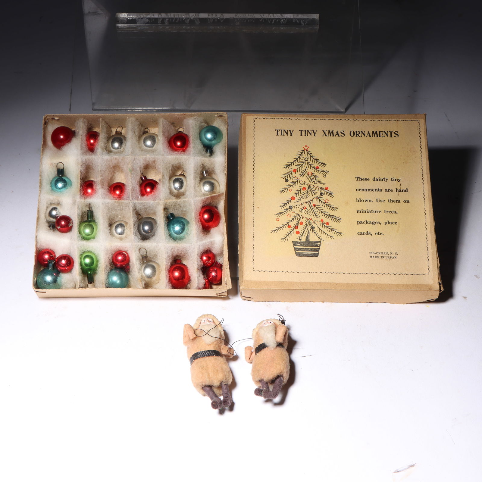 Vintage Christmas ornaments: feather tree miniature blown glass balls, 2 cotton batting Santa Claus (1 of 6)